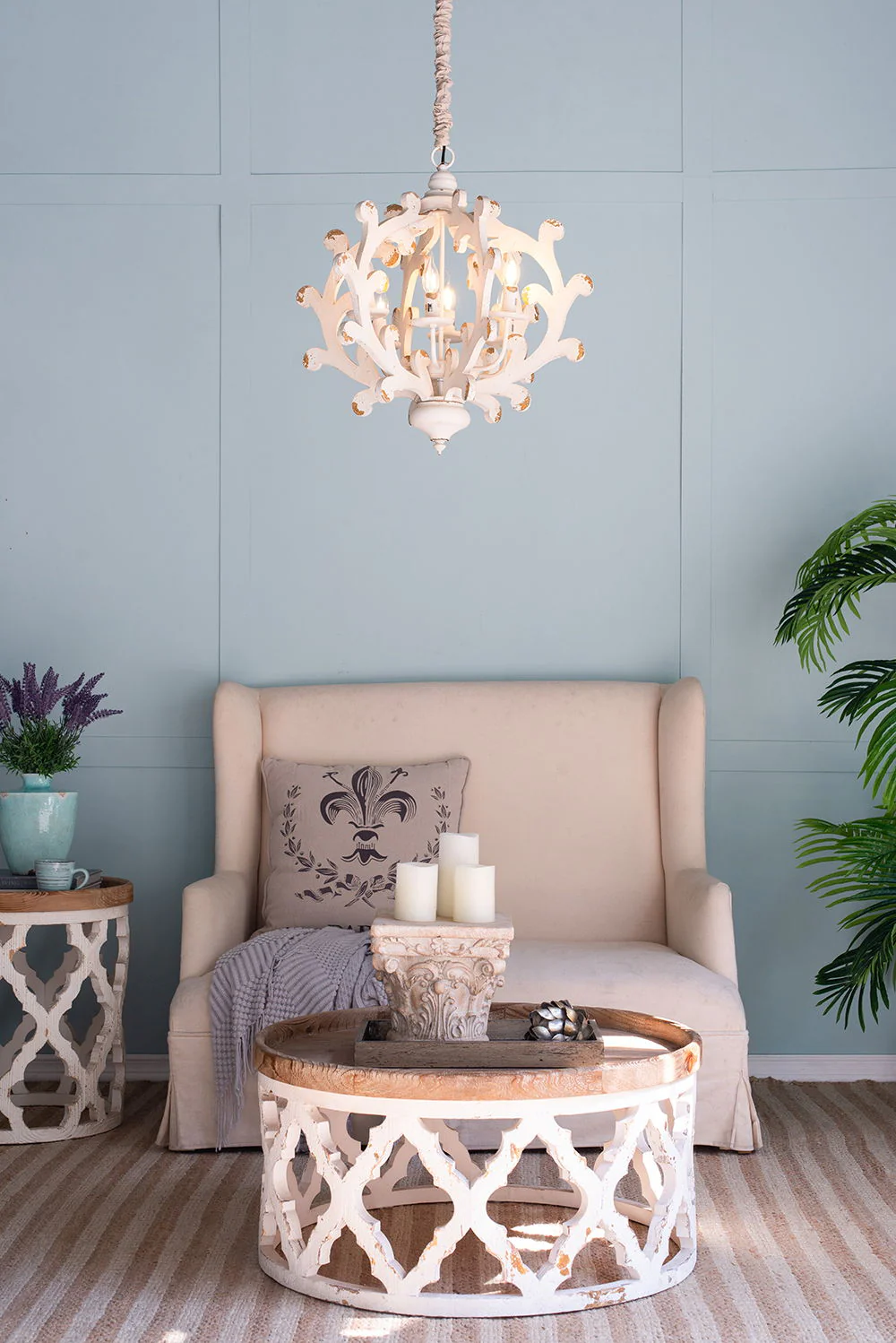 6 Light White Wood and Iron Chandelier with Adjustable Chain - Image 7