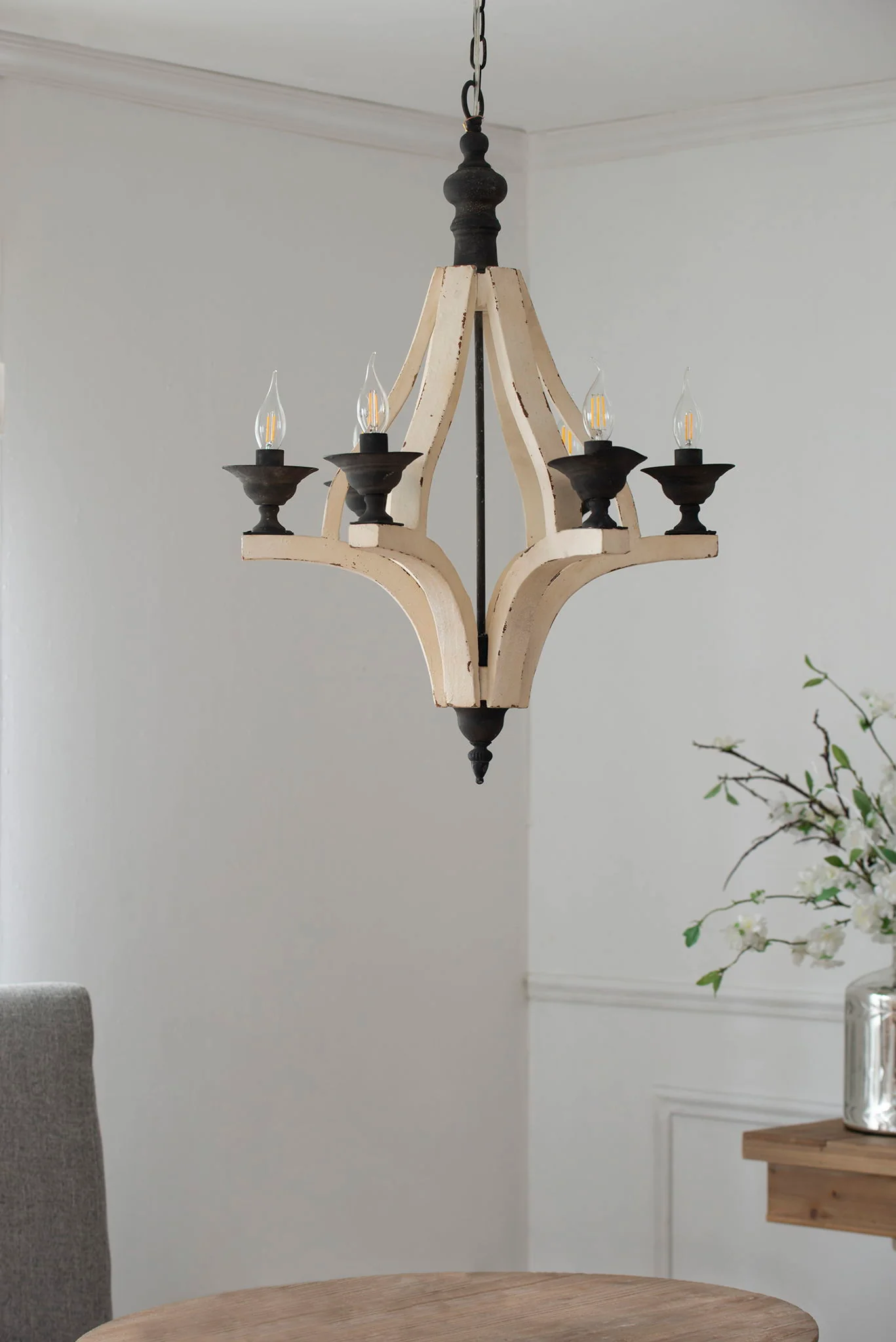 6 Light Wood Chandelier with Adjustable Chain - Cream - Image 2