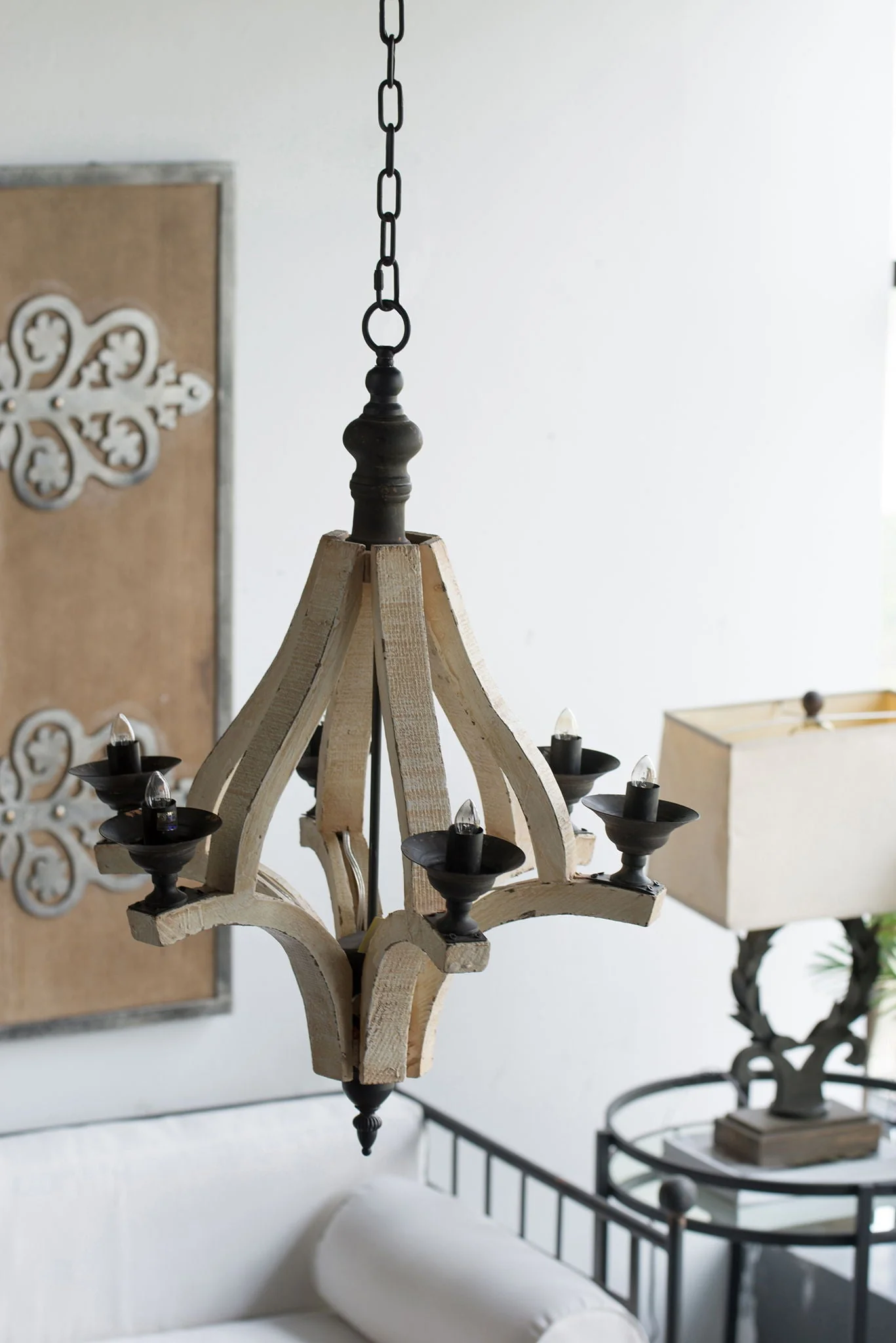 6 Light Wood Chandelier with Adjustable Chain - Cream - Image 5