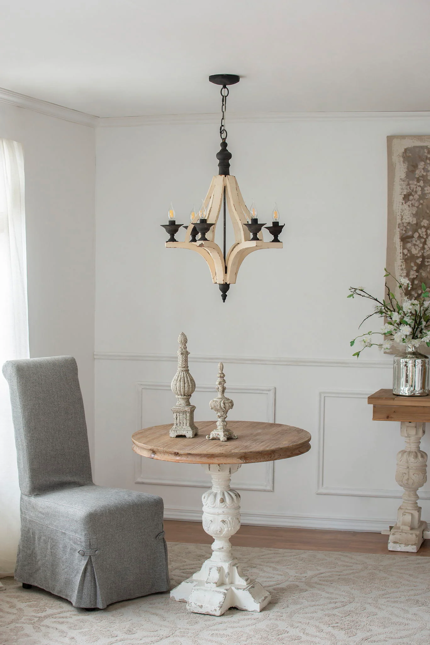 6 Light Wood Chandelier with Adjustable Chain - Cream - Image 7