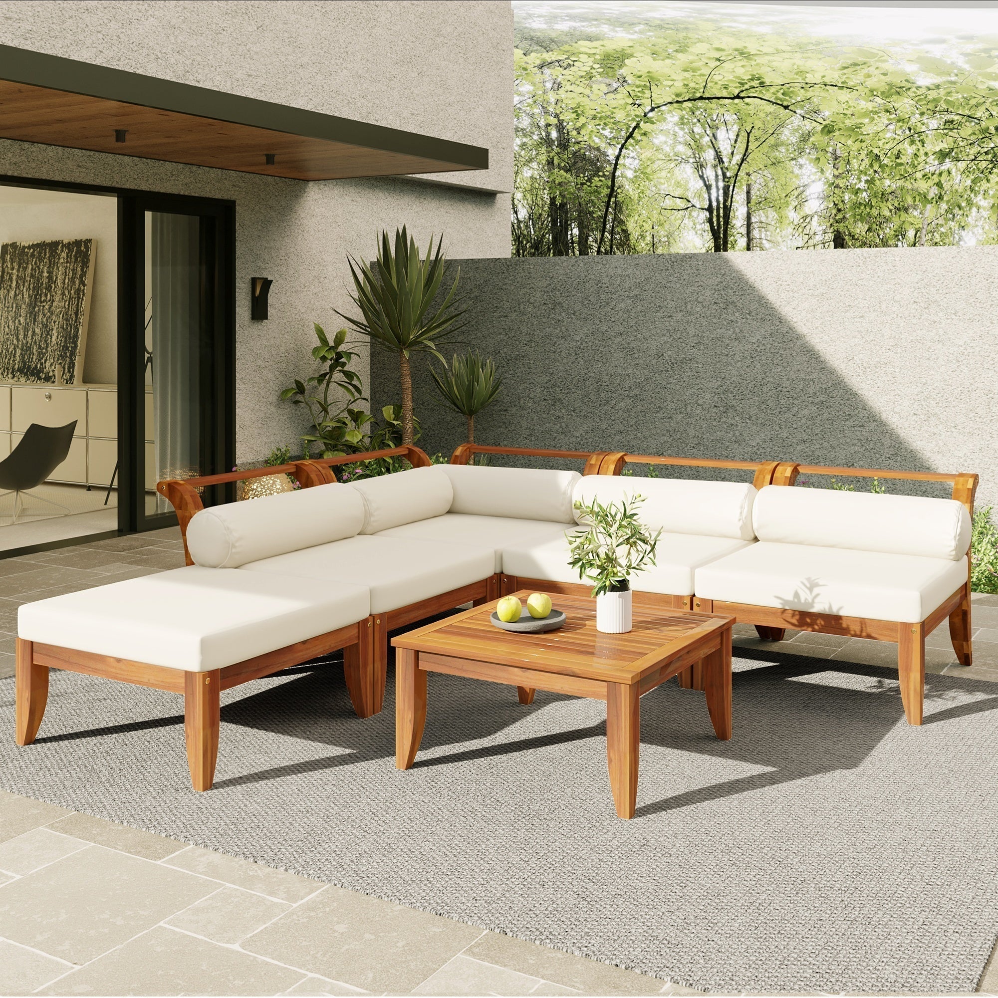 6 Piece Acacia Wood Outdoor Modular Sectional with Daybed and Tea Table - Image 2