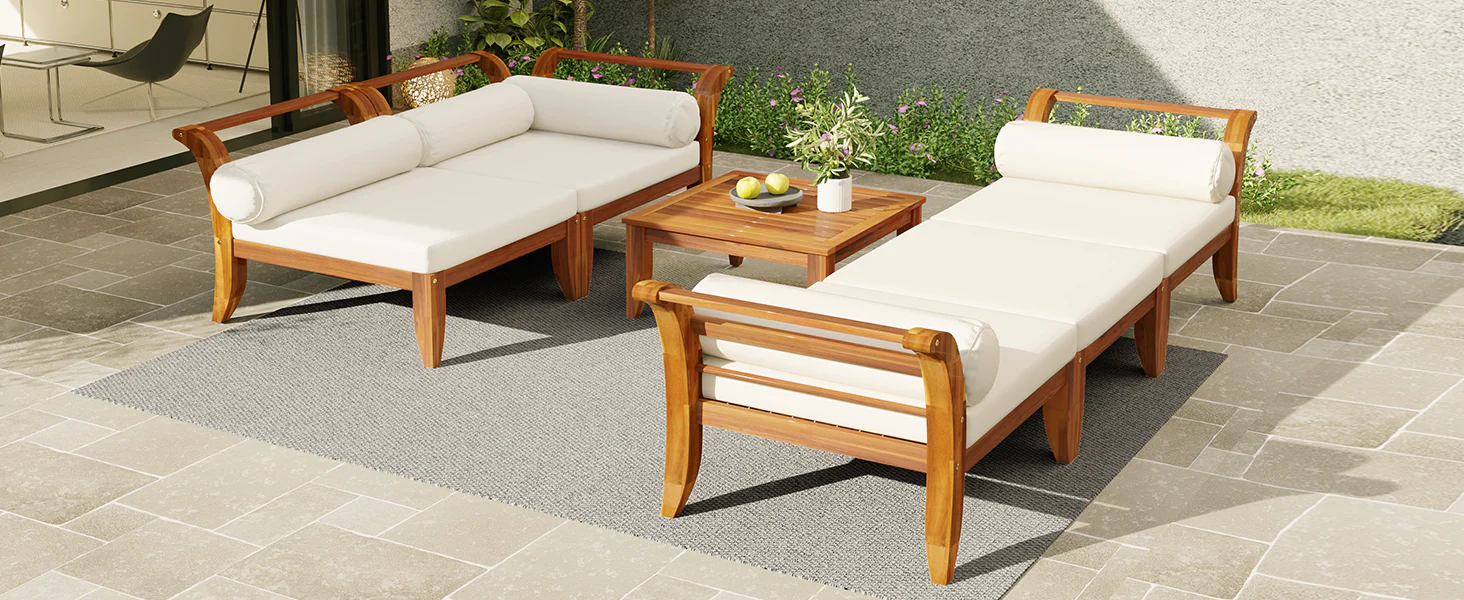 6 Piece Acacia Wood Outdoor Modular Sectional with Daybed and Tea Table - Image 24