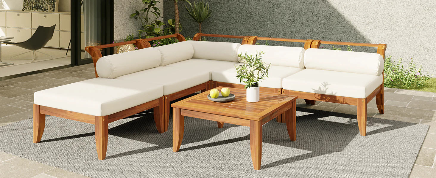 6 Piece Acacia Wood Outdoor Modular Sectional with Daybed and Tea Table - Image 25