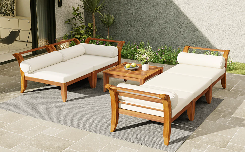 6 Piece Acacia Wood Outdoor Modular Sectional with Daybed and Tea Table - Image 26