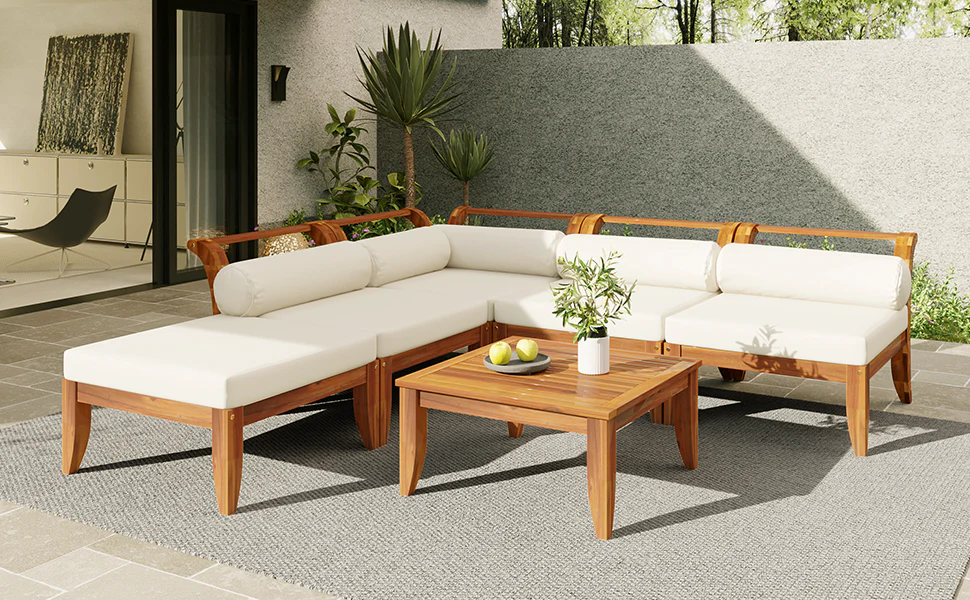 6 Piece Acacia Wood Outdoor Modular Sectional with Daybed and Tea Table - Image 27