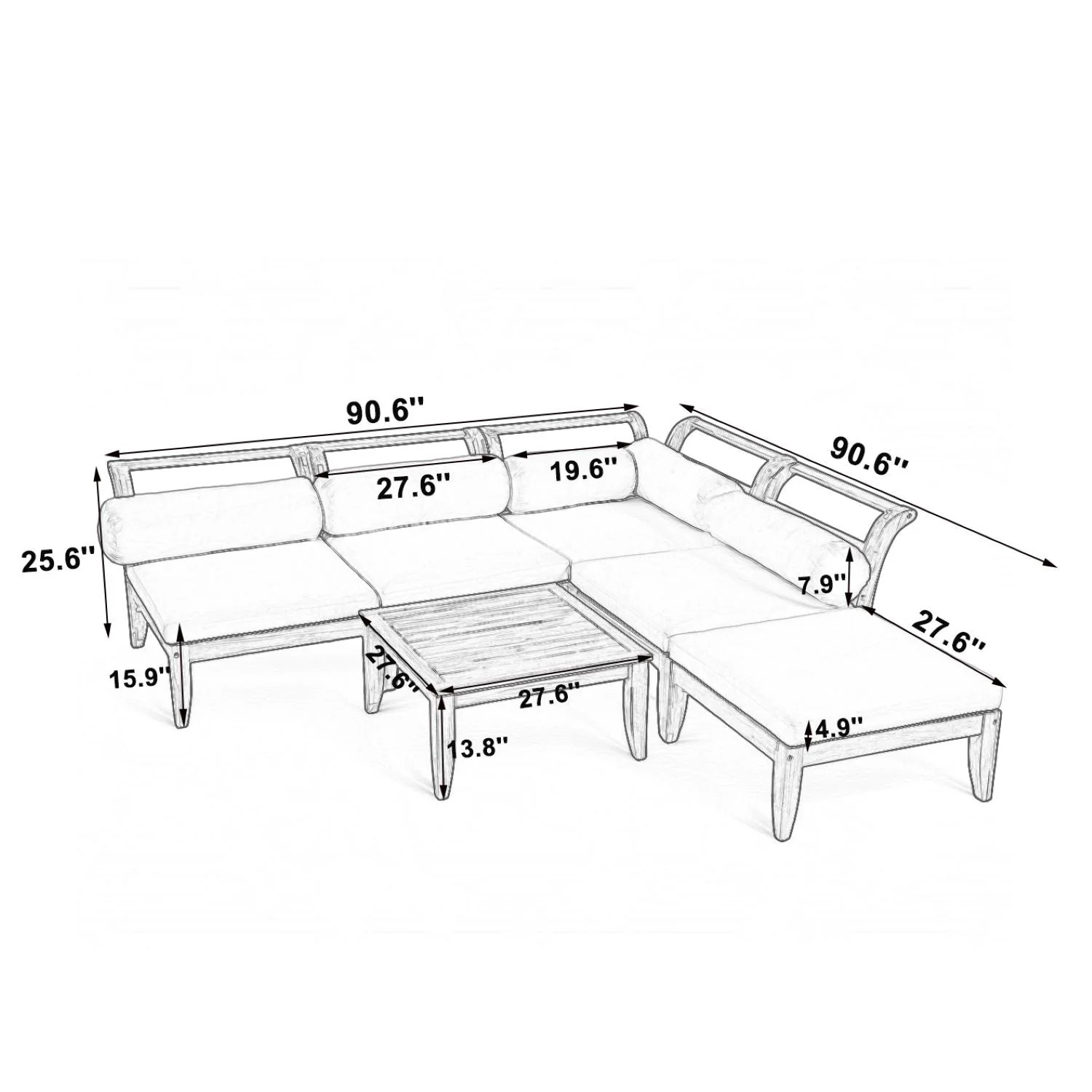 6 Piece Acacia Wood Outdoor Modular Sectional with Daybed and Tea Table - Image 3