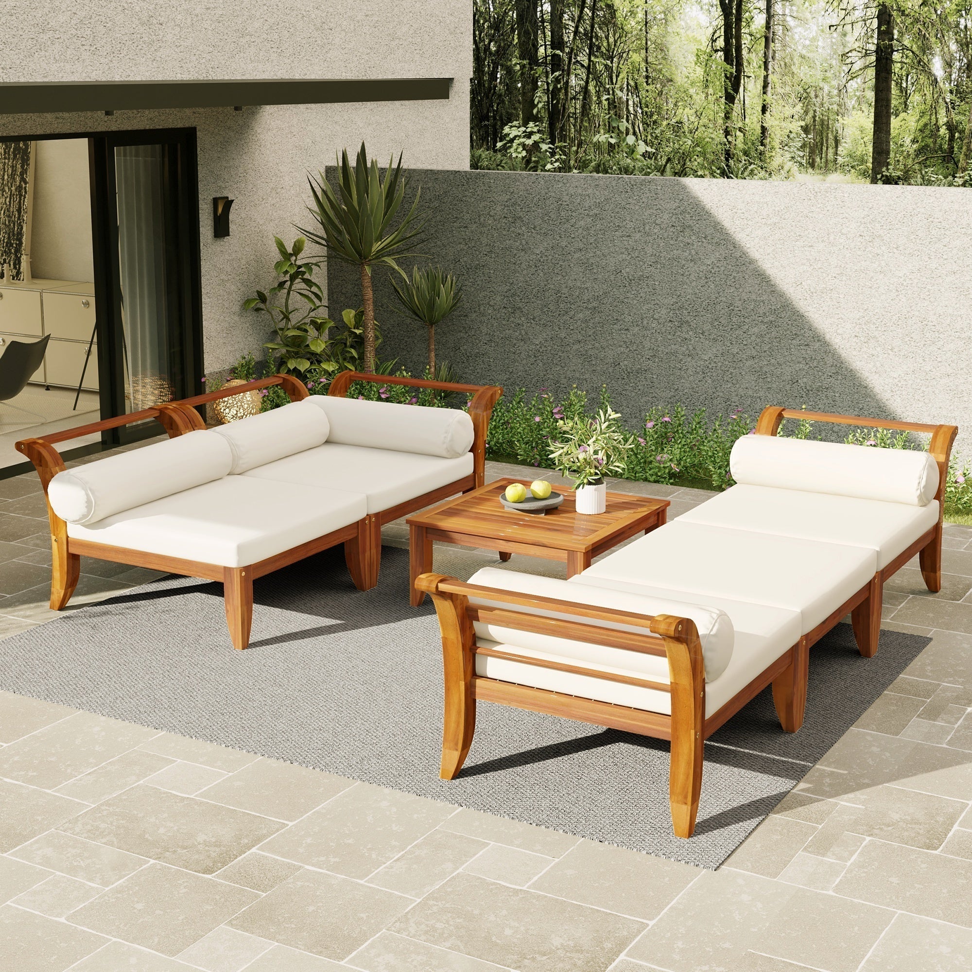 6 Piece Acacia Wood Outdoor Modular Sectional with Daybed and Tea Table - Image 4