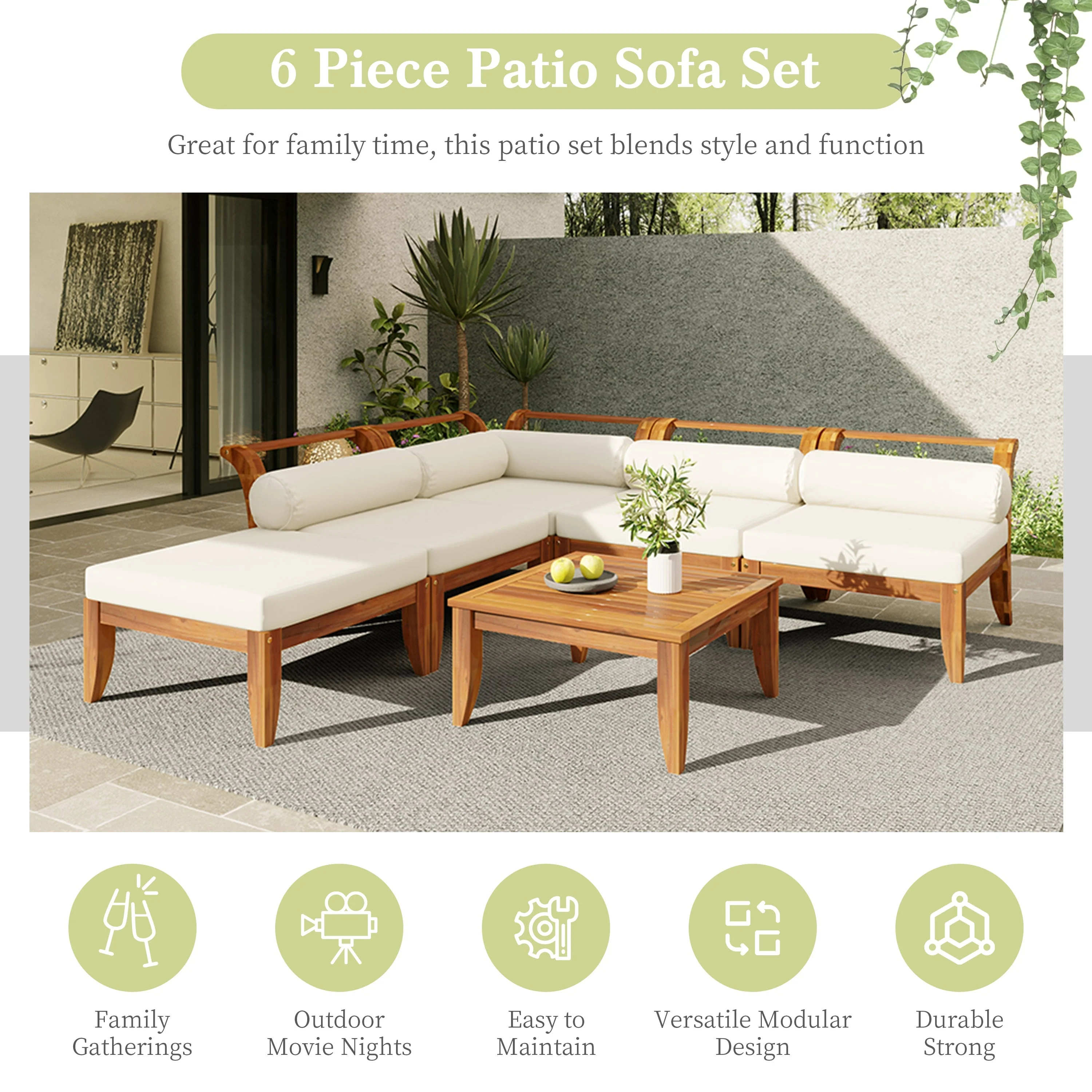 6 Piece Acacia Wood Outdoor Modular Sectional with Daybed and Tea Table - Image 5