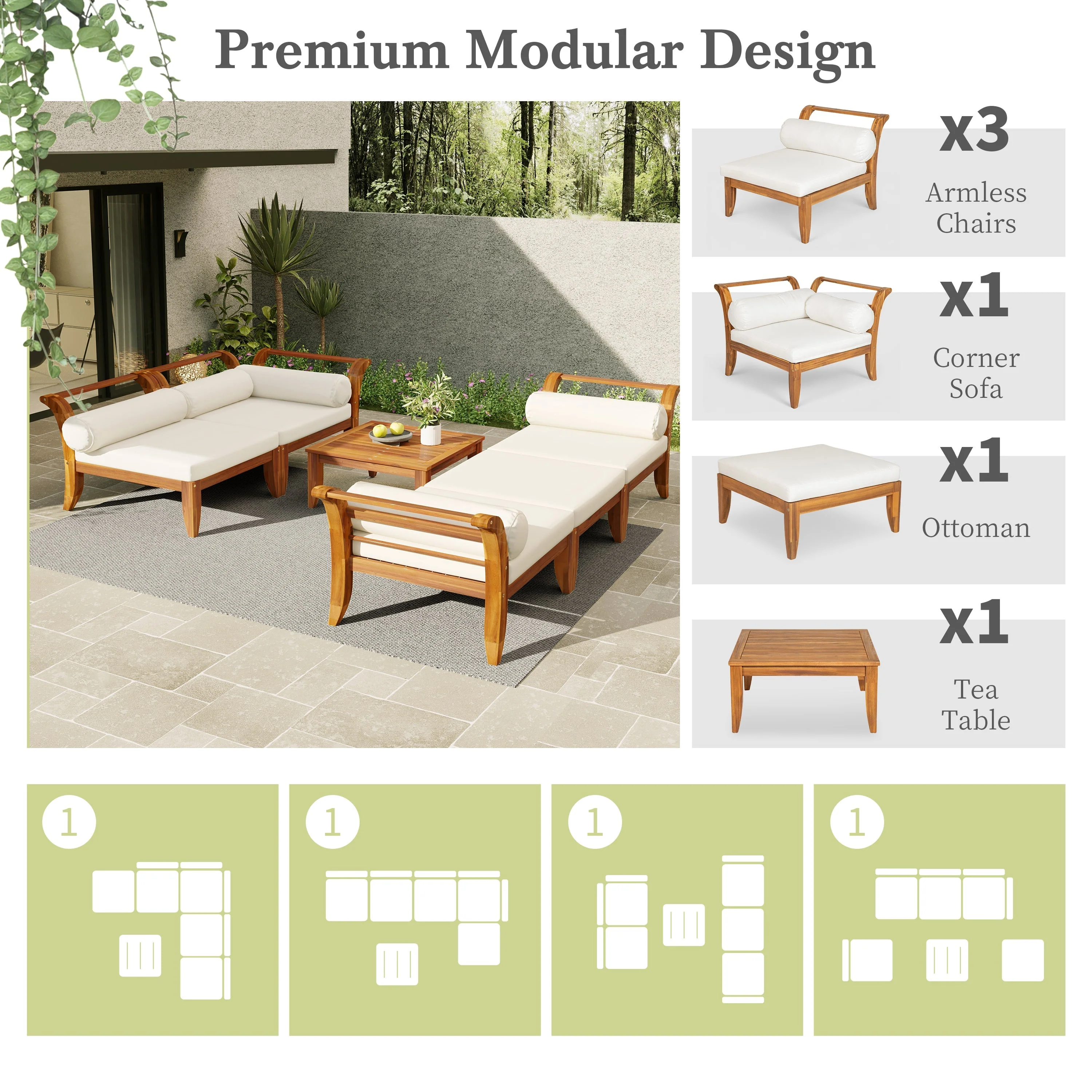 6 Piece Acacia Wood Outdoor Modular Sectional with Daybed and Tea Table - Image 6
