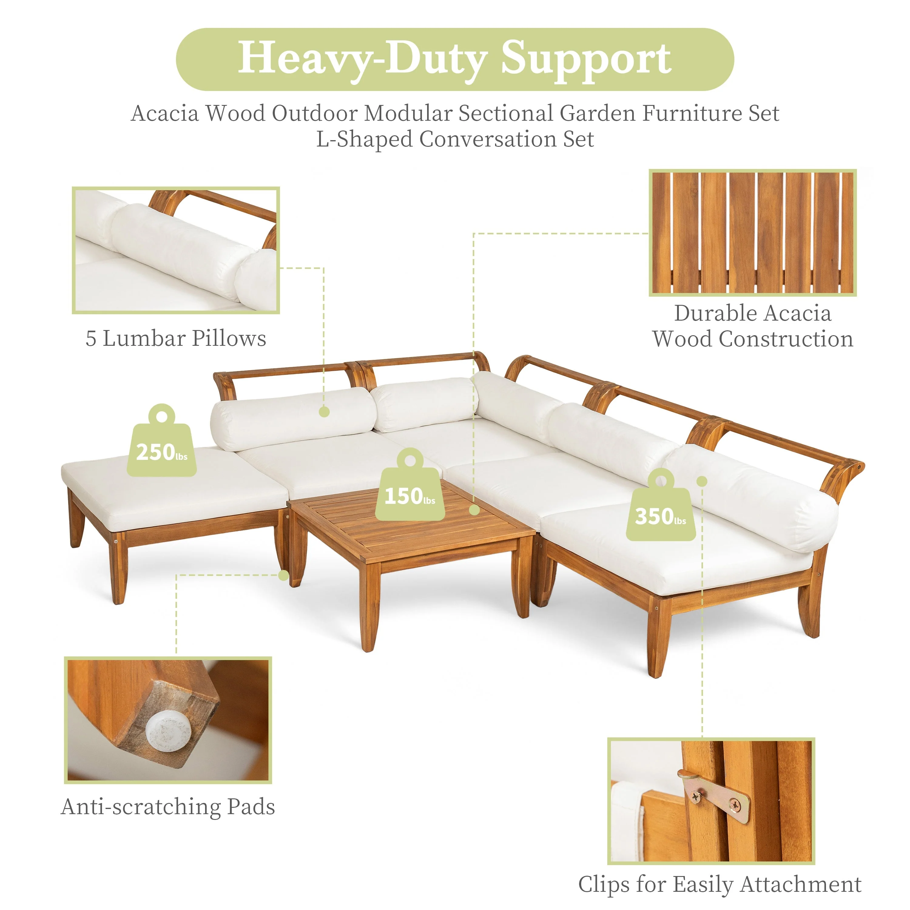 6 Piece Acacia Wood Outdoor Modular Sectional with Daybed and Tea Table - Image 7