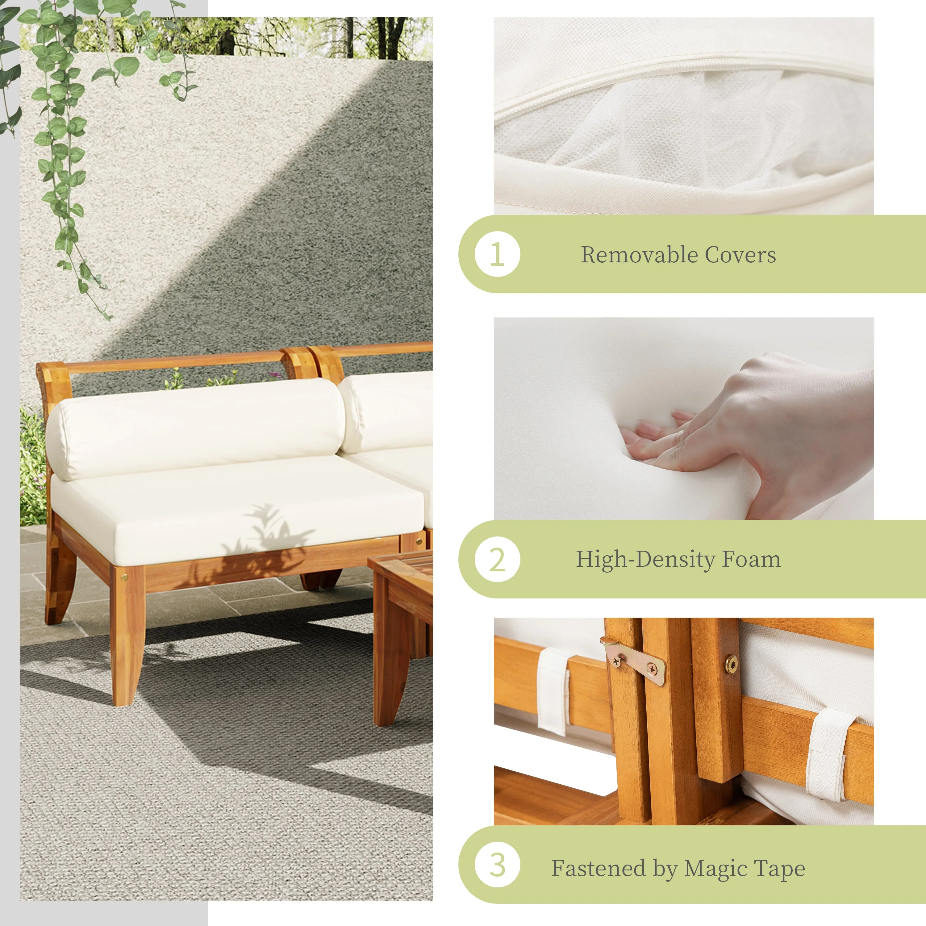 6 Piece Acacia Wood Outdoor Modular Sectional with Daybed and Tea Table - Image 8