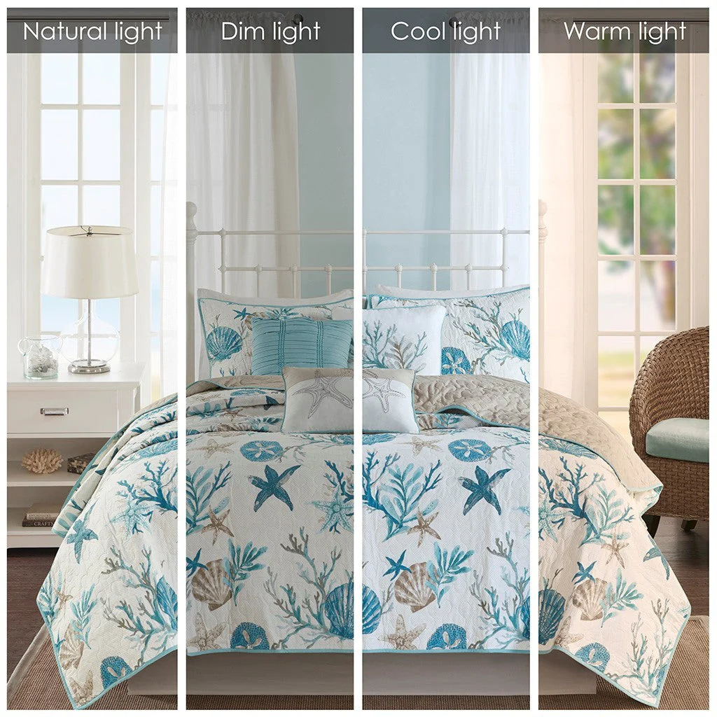 6 Piece Cotton Sateen Quilt Set with Throw Pillows Aqua King/Cal King - Image 12