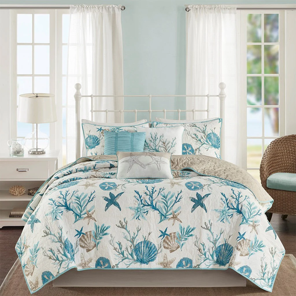6 Piece Cotton Sateen Quilt Set with Throw Pillows Aqua King/Cal King - Image 5