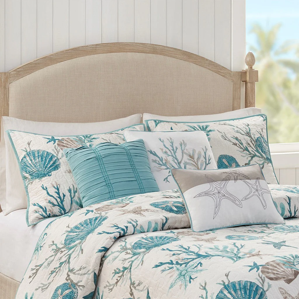 6 Piece Cotton Sateen Quilt Set with Throw Pillows Aqua King/Cal King - Image 6