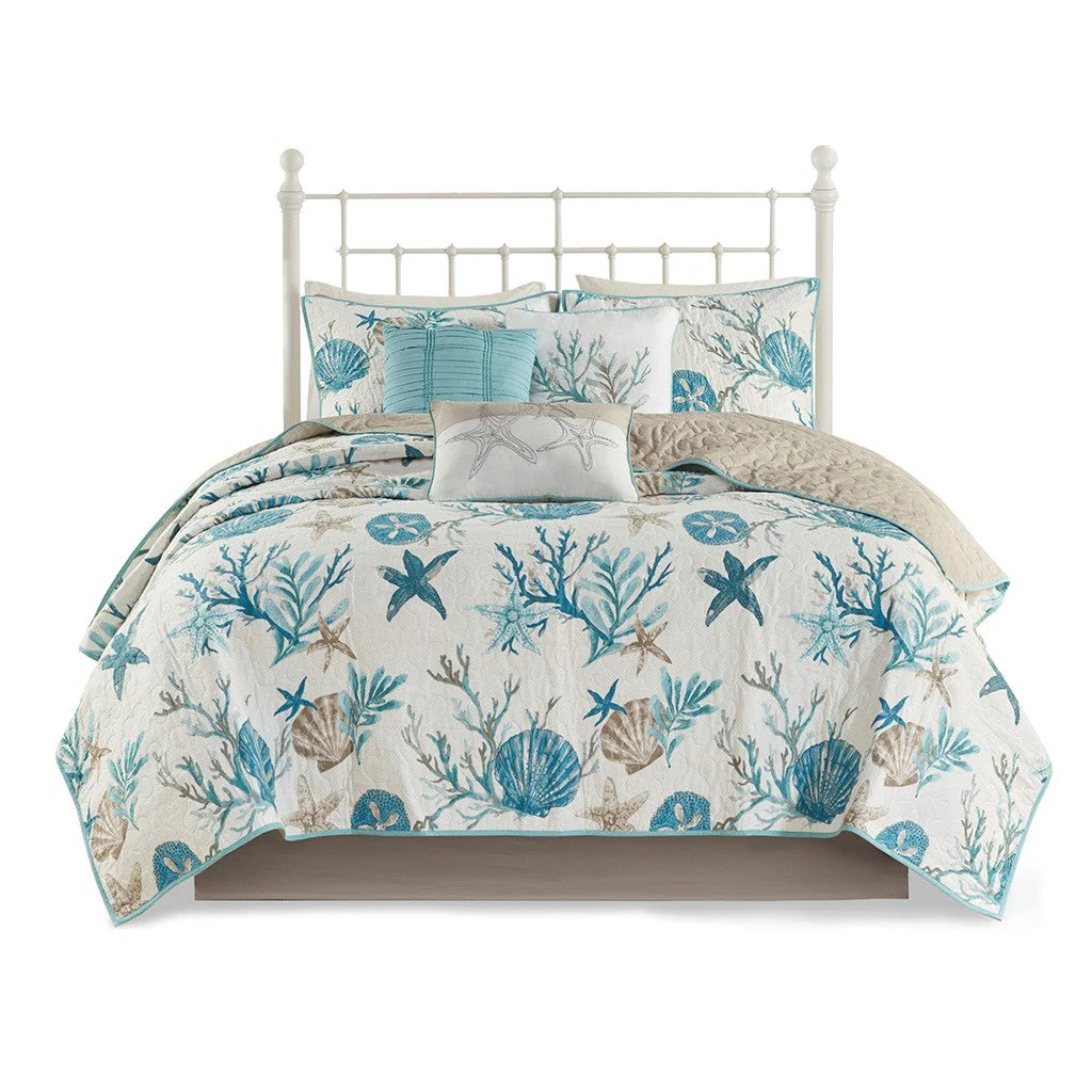6 Piece Cotton Sateen Quilt Set with Throw Pillows Aqua King/Cal King - Image 8