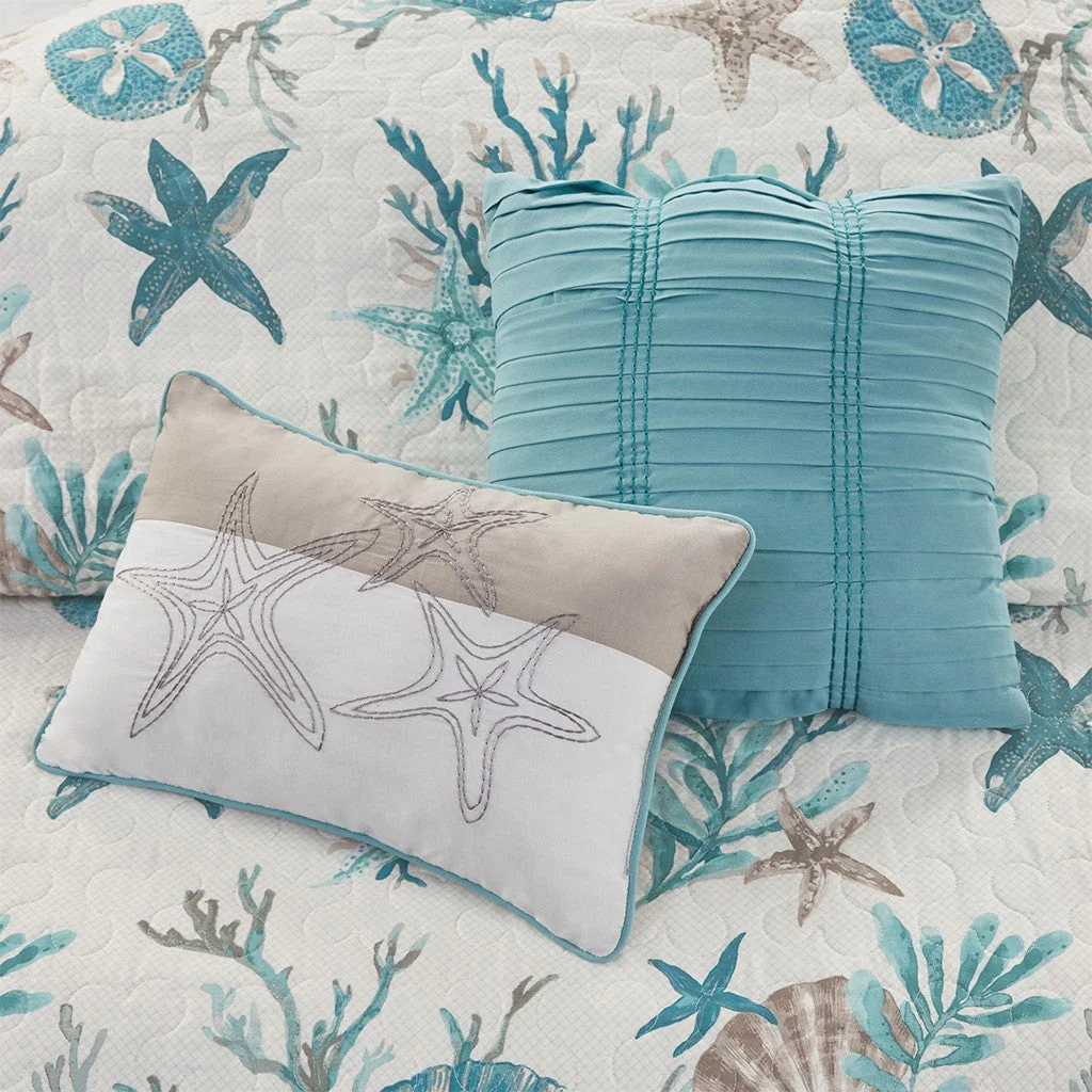 6 Piece Cotton Sateen Quilt Set with Throw Pillows Aqua King/Cal King - Image 9