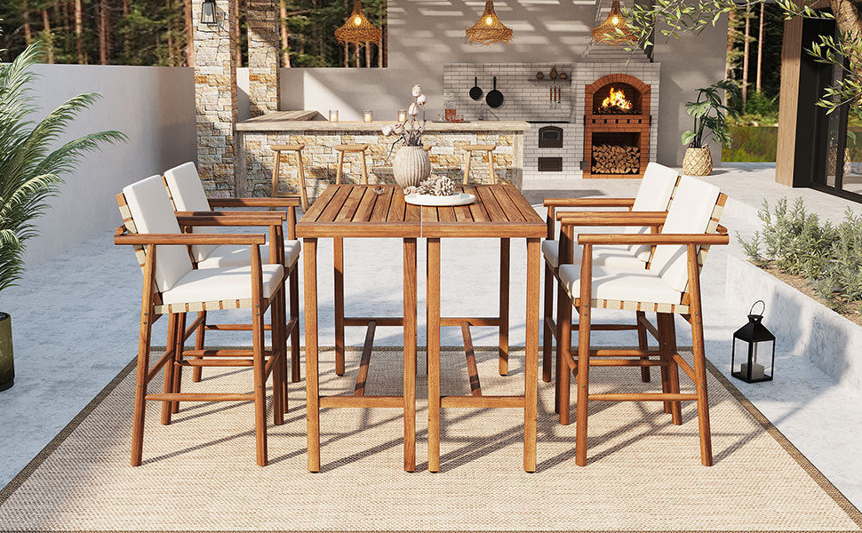 6 Piece Outdoor Bar Set with Acacia Wood Table & Cushioned Stools - Image 10
