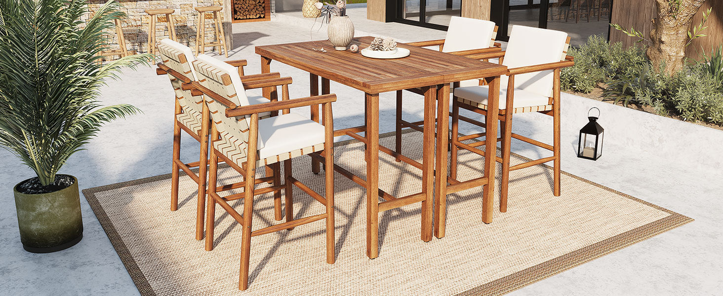 6 Piece Outdoor Bar Set with Acacia Wood Table & Cushioned Stools - Image 11