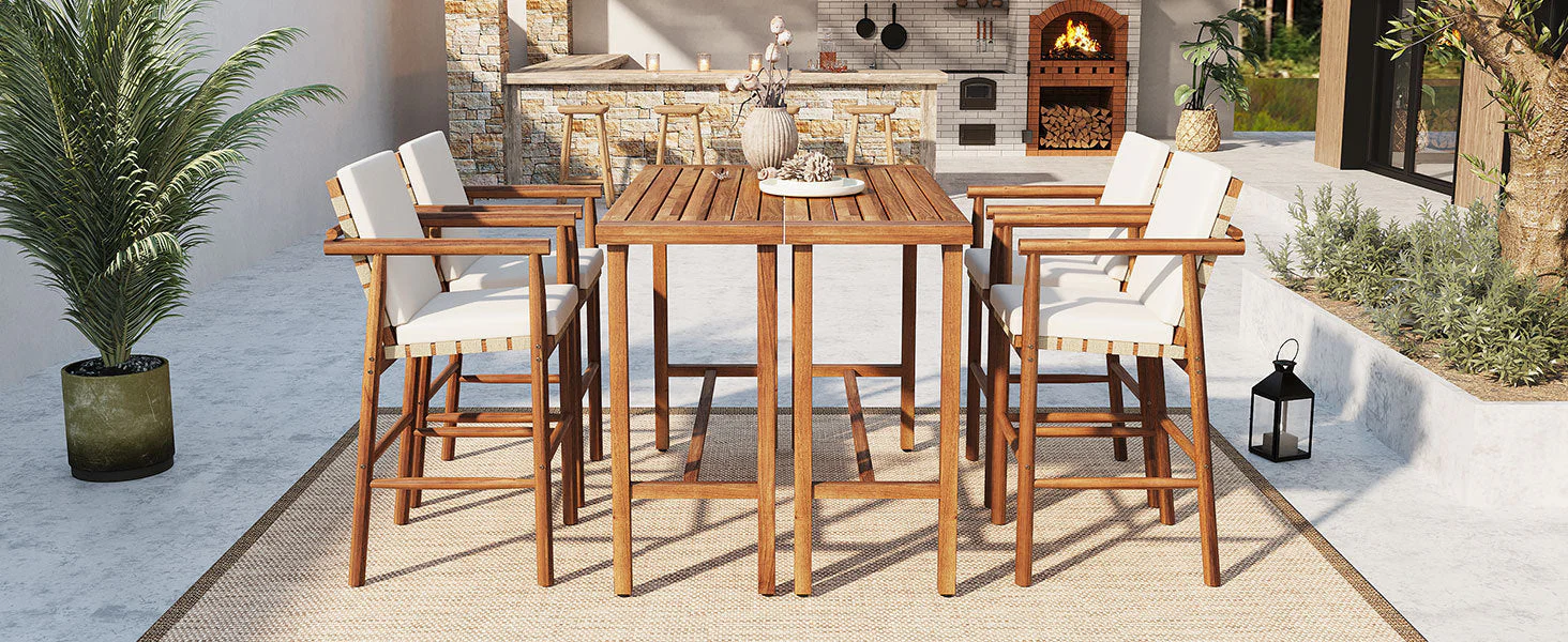 6 Piece Outdoor Bar Set with Acacia Wood Table & Cushioned Stools - Image 12