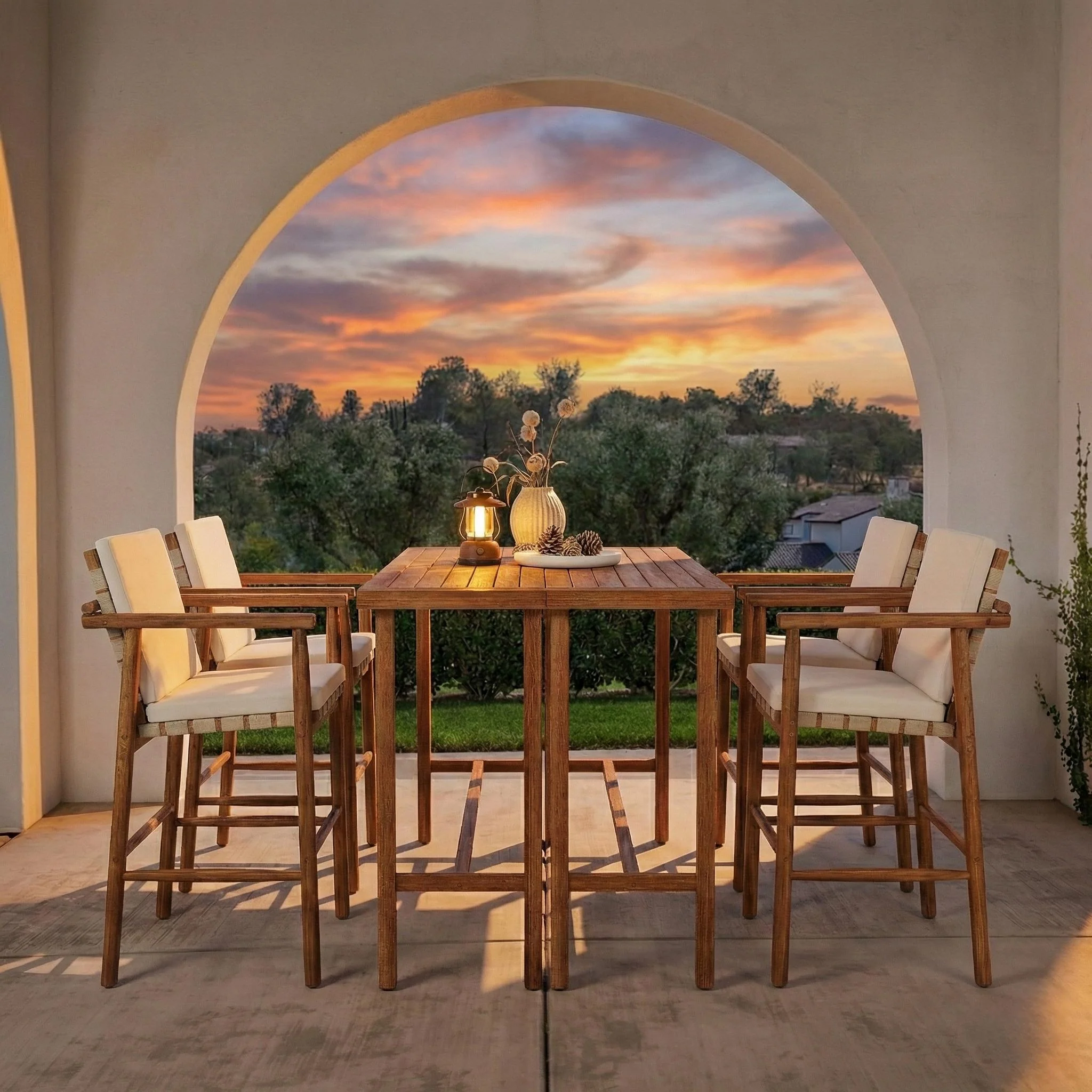 6 Piece Outdoor Bar Set with Acacia Wood Table & Cushioned Stools - Image 3
