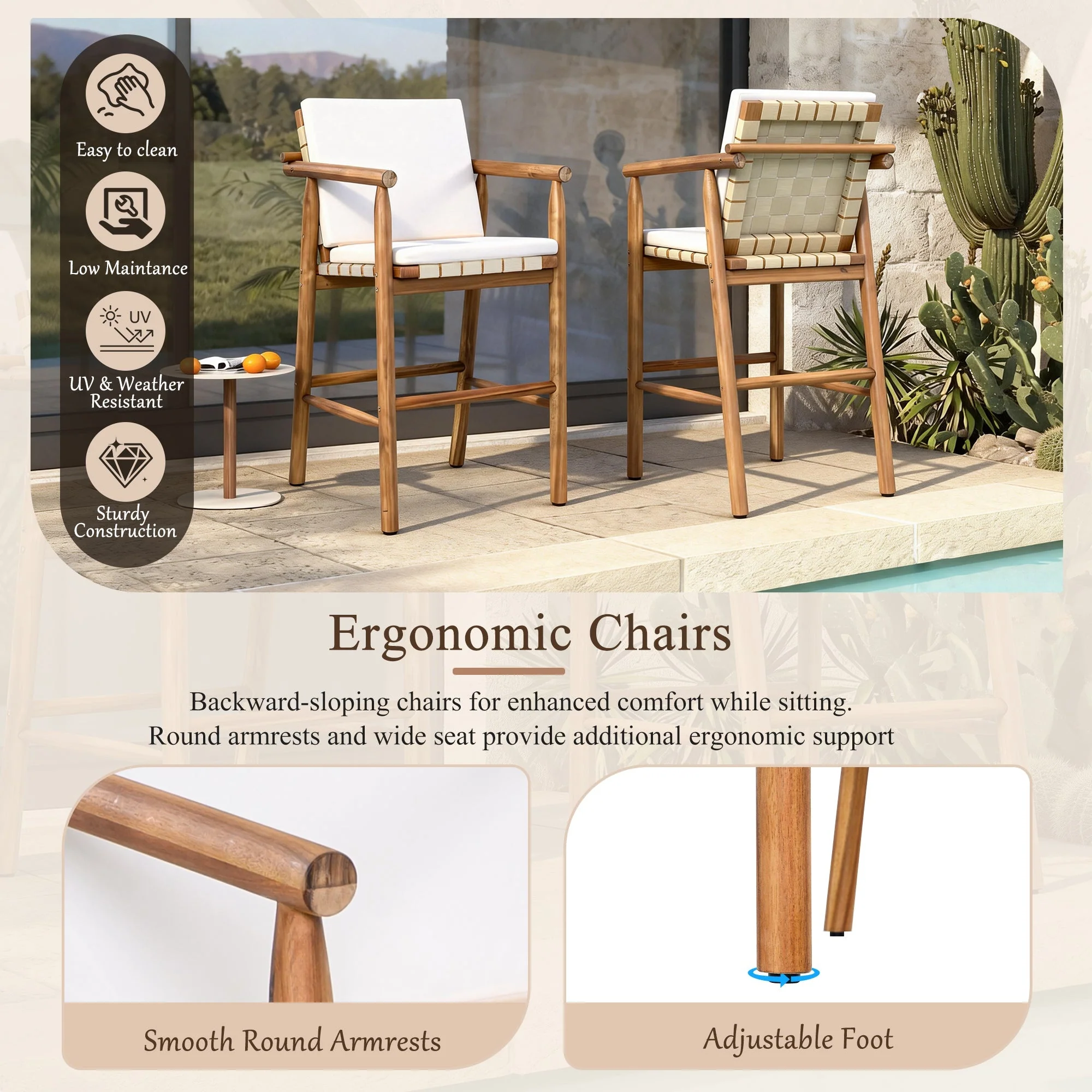 6 Piece Outdoor Bar Set with Acacia Wood Table & Cushioned Stools - Image 5