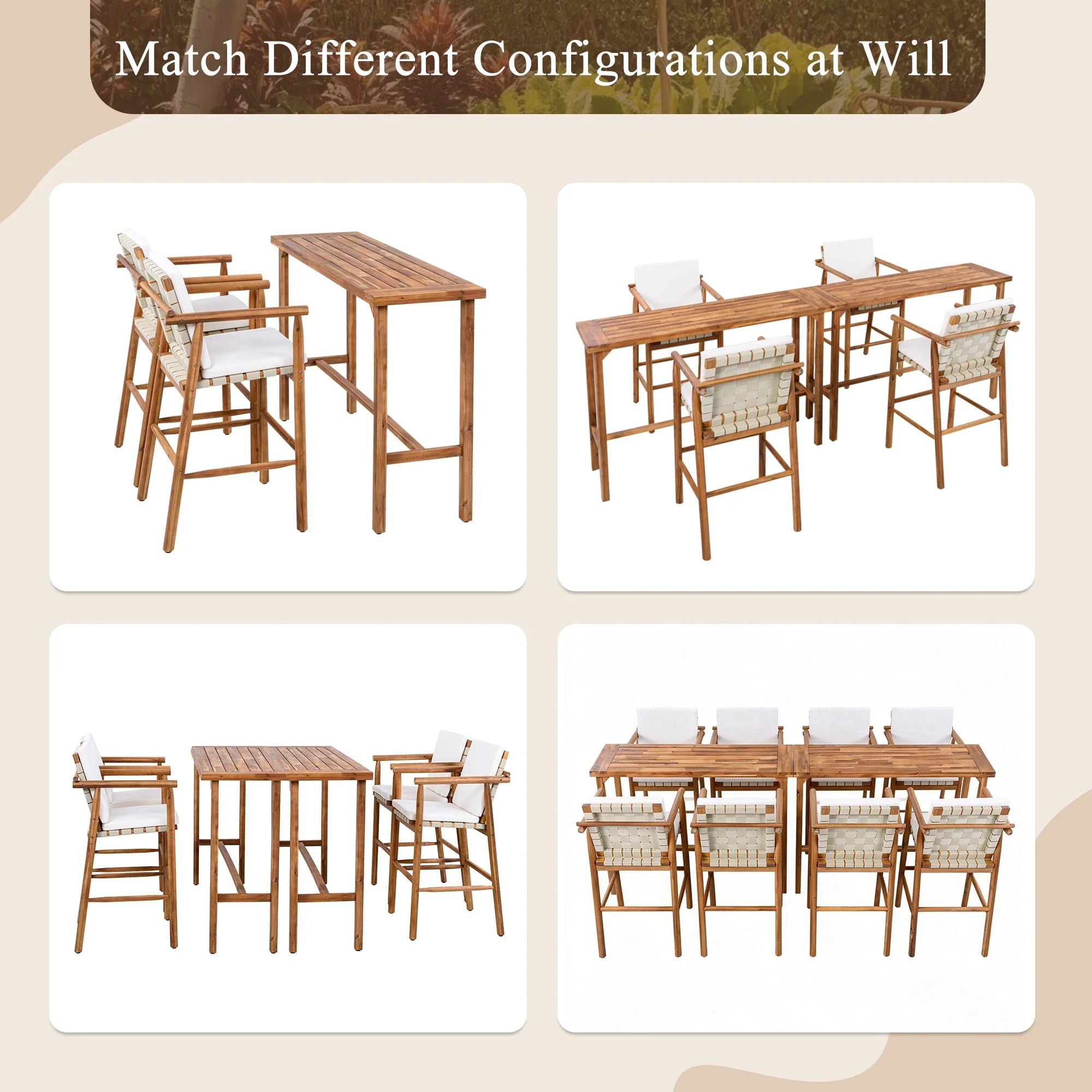 6 Piece Outdoor Bar Set with Acacia Wood Table & Cushioned Stools - Image 7