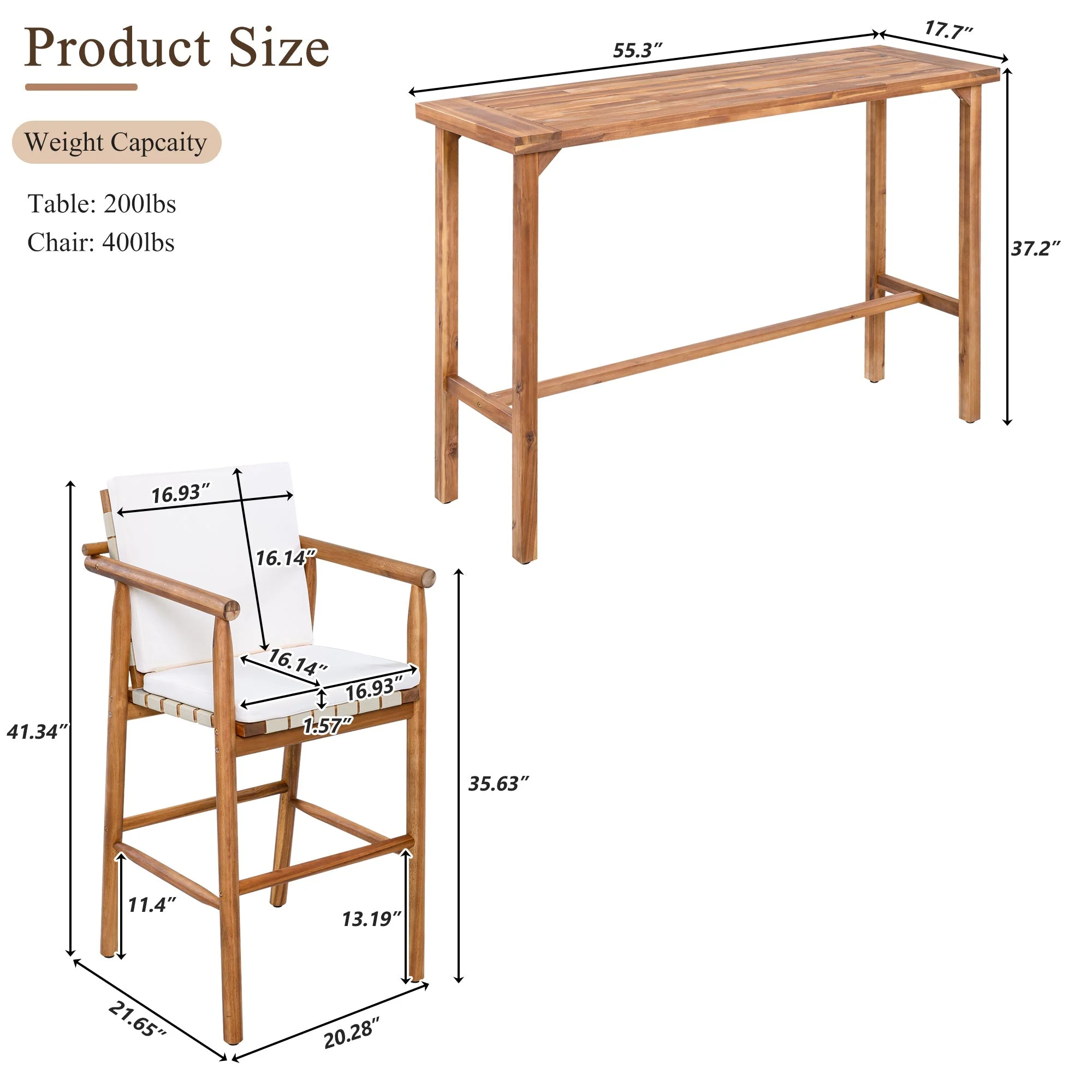 6 Piece Outdoor Bar Set with Acacia Wood Table & Cushioned Stools - Image 8