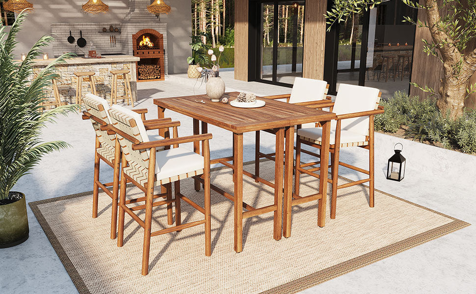 6 Piece Outdoor Bar Set with Acacia Wood Table & Cushioned Stools - Image 9