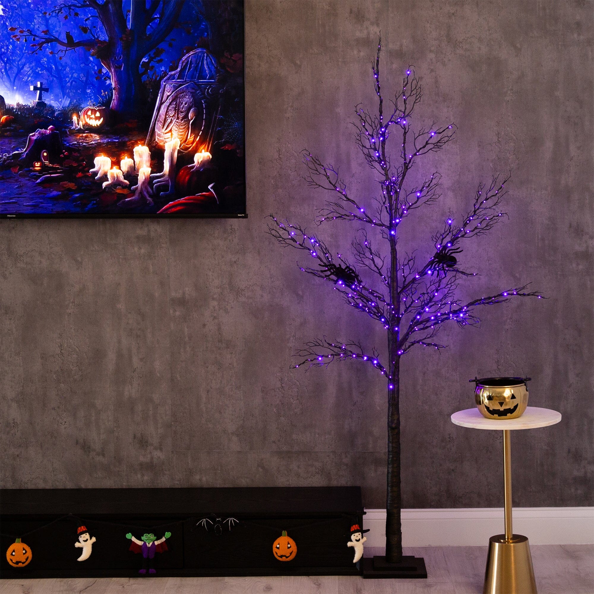 6’ Pre-Lit Halloween Minimalist Twig Artificial Fall Tree with 320 Orange & Purple LED Lights - Image 3