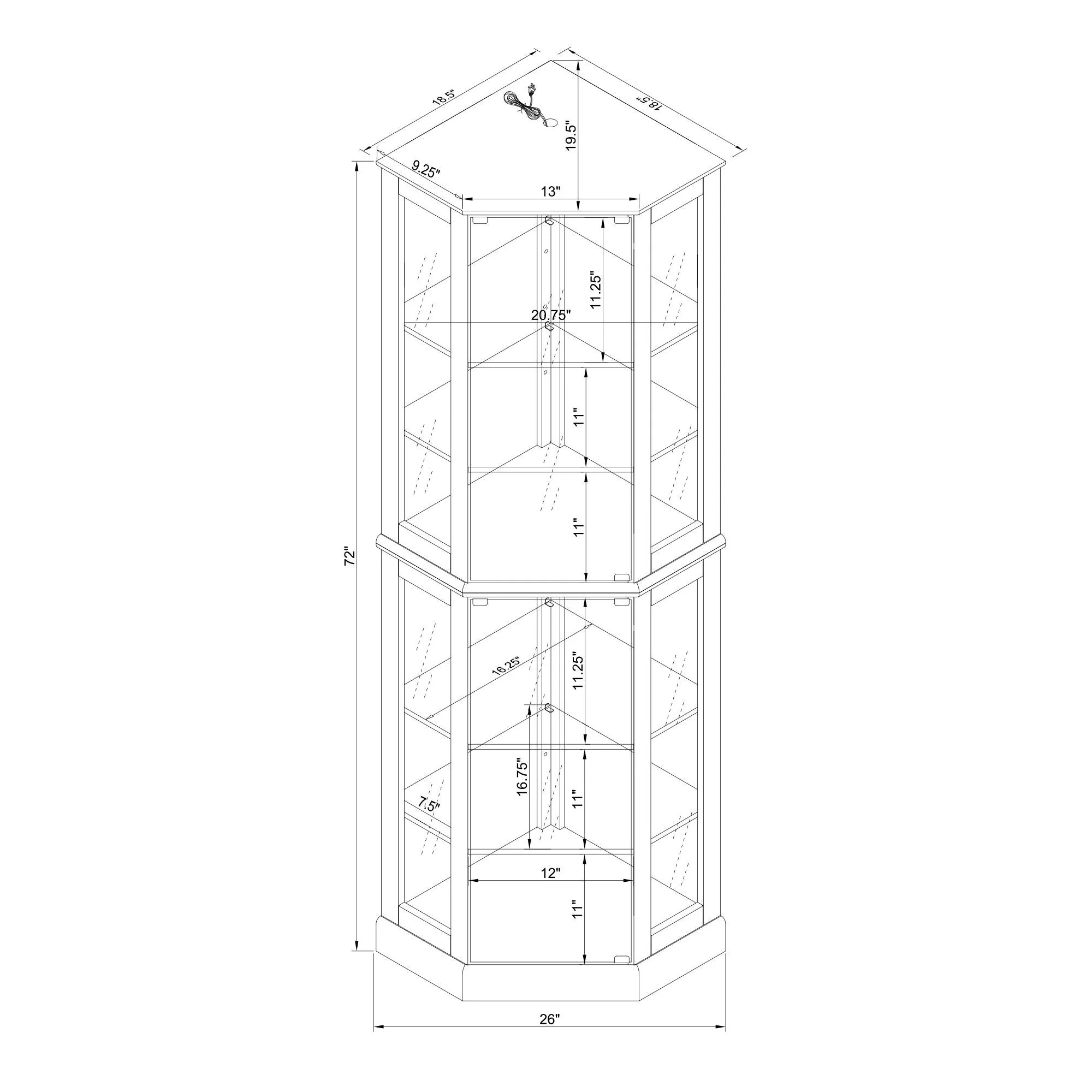 6 Shelf Corner Curio Display Cabinet With Lights, Mirrors And Adjustable Shelves (E26 Light Bulb Not Included) - Image 10