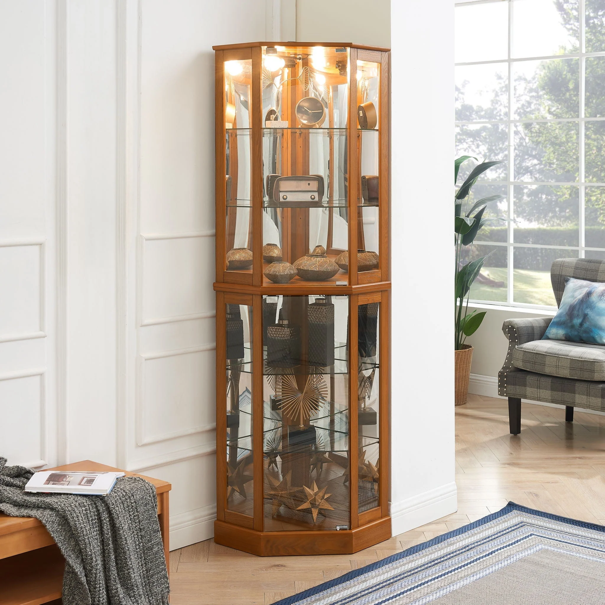 6 Shelf Corner Curio Display Cabinet With Lights, Mirrors And Adjustable Shelves (E26 Light Bulb Not Included) - Image 4
