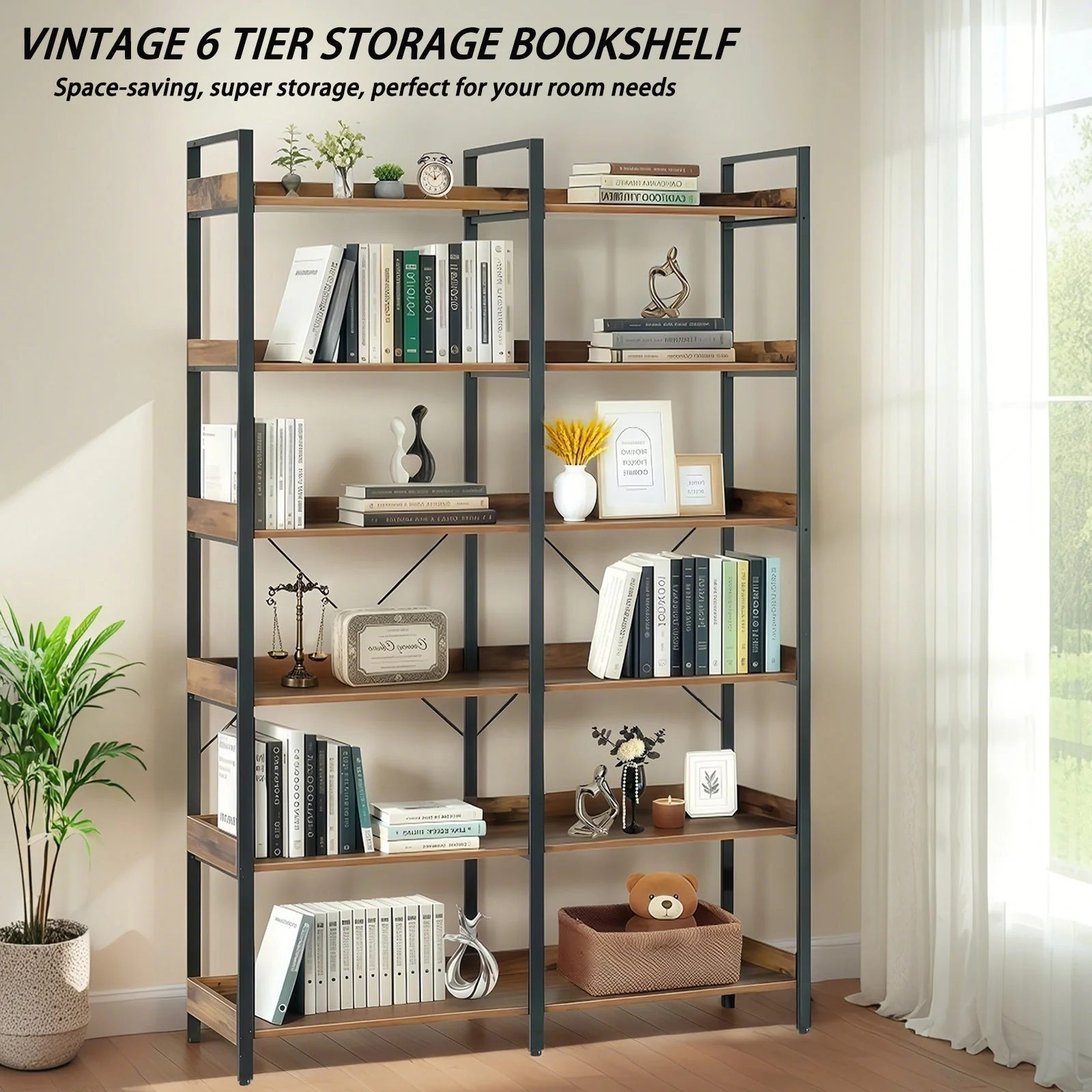 6-Tier Industrial Bookshelf With 12 Open Shelves - Image 3