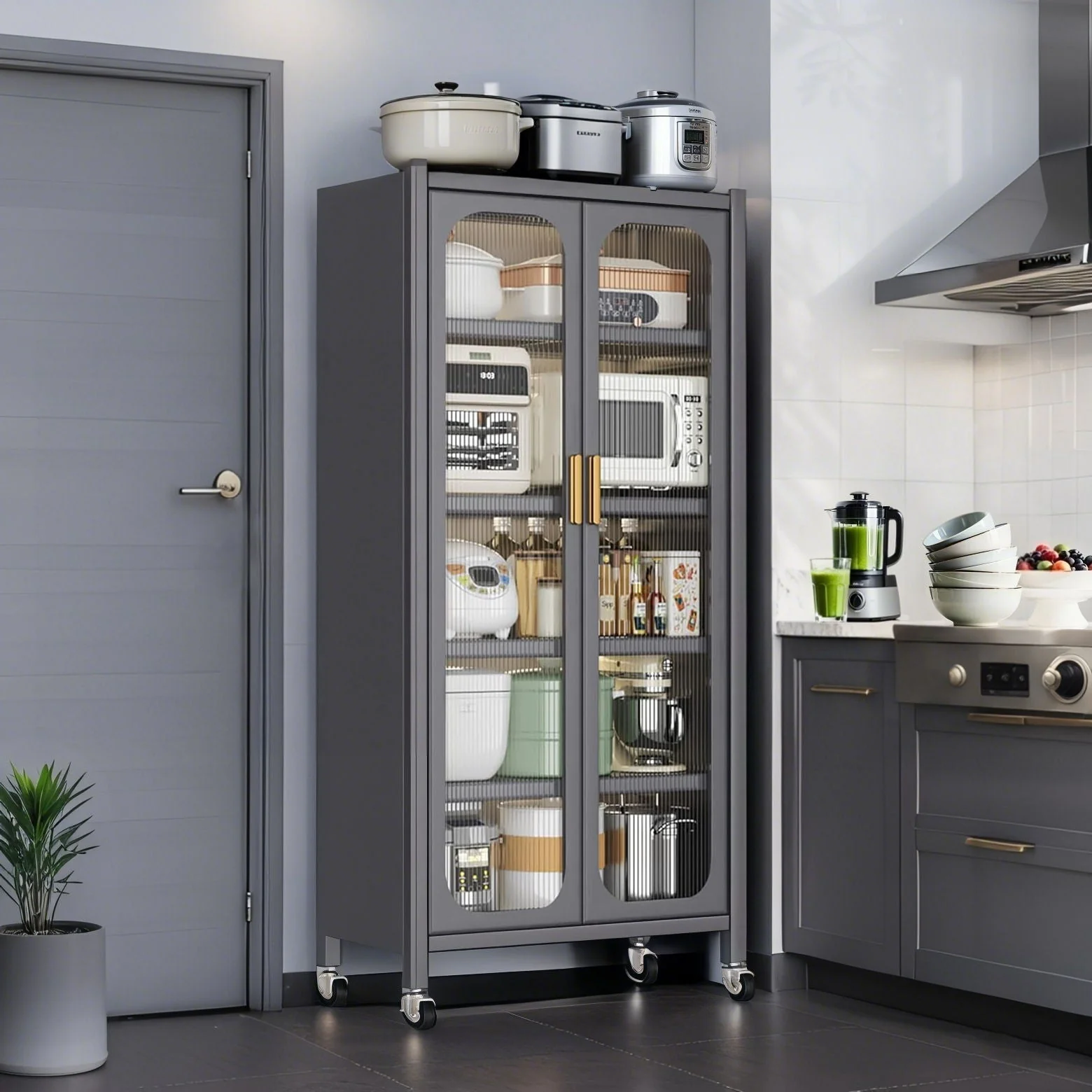 6 Tier Storage Cabinet With Transparent Door, Adjustable Shelves & Wheels - Image 4