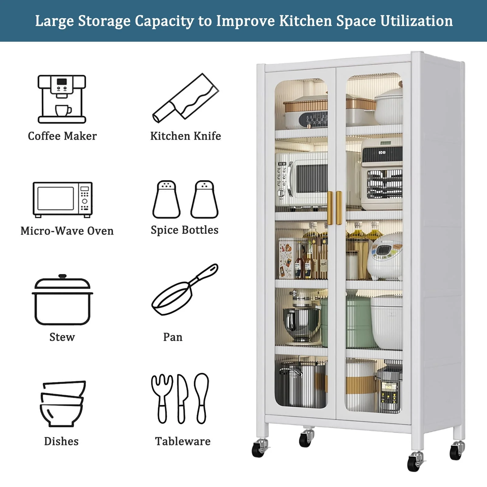 6 Tier Storage Cabinet With Transparent Door, Adjustable Shelves & Wheels - Image 5
