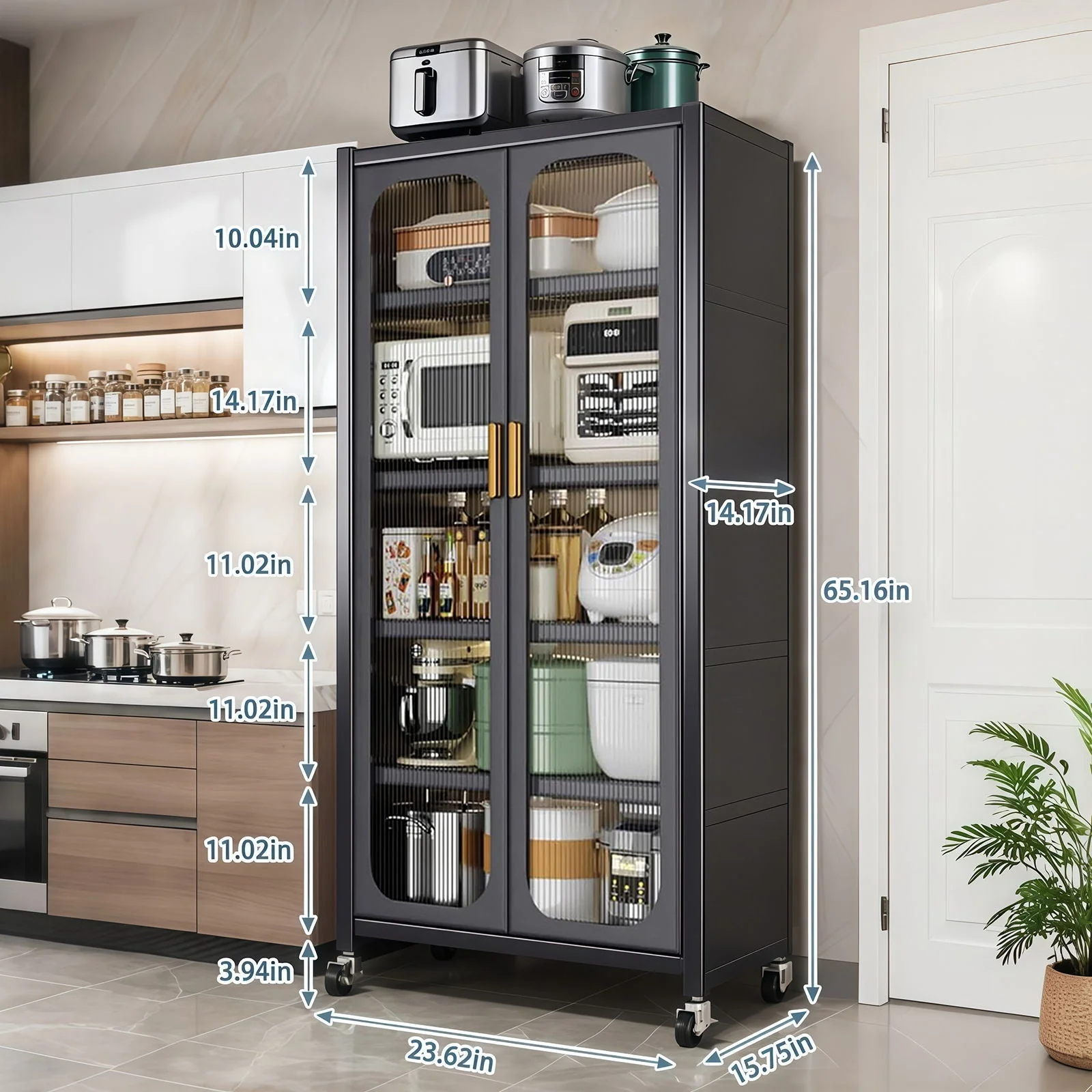 6 Tier Storage Cabinet With Transparent Door, Adjustable Shelves & Wheels - Image 6