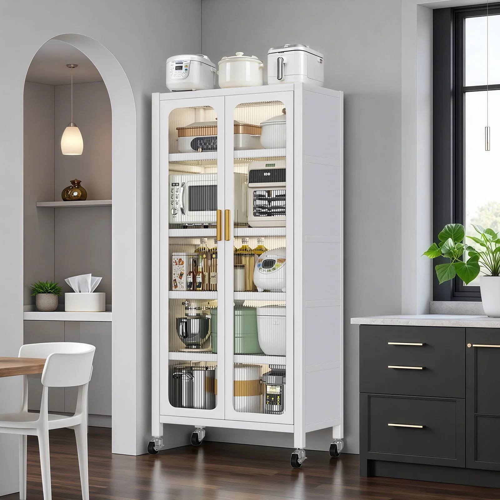 6 Tier Storage Cabinet With Transparent Door, Adjustable Shelves & Wheels - Image 7