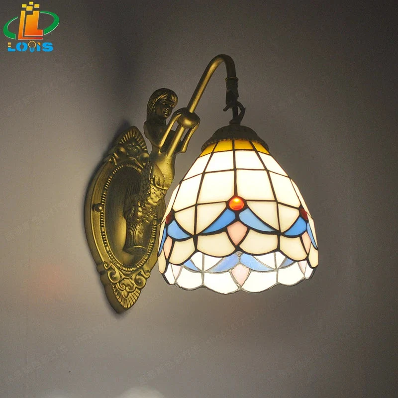 6" Tiffany Style LED Wall Lamp Mermaid Glass Bedroom Living Room Vanity Light - Image 2