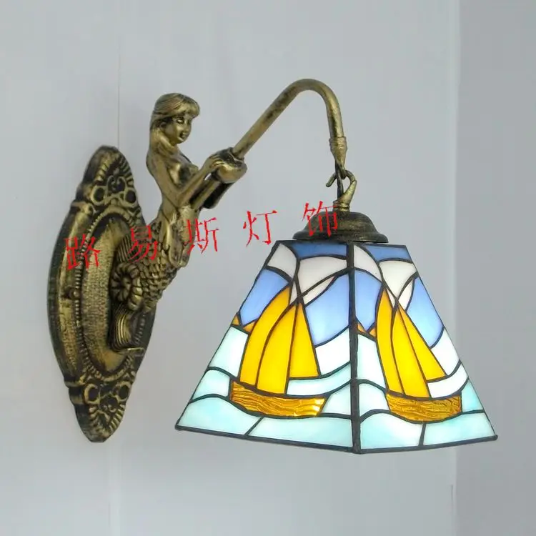 6" Tiffany Style LED Wall Lamp Mermaid Glass Bedroom Living Room Vanity Light - Image 6