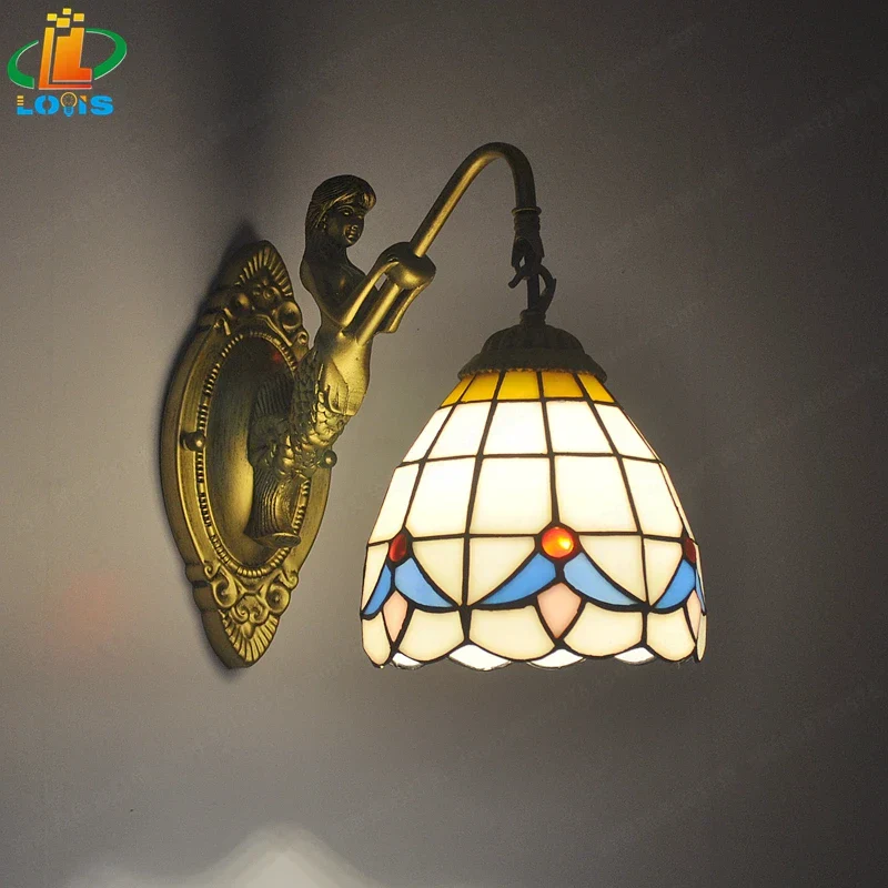 6" Tiffany Style LED Wall Lamp Mermaid Glass Bedroom Living Room Vanity Light - Image 8