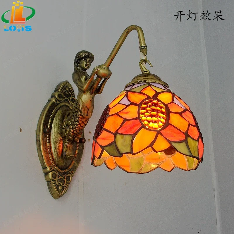 6" Tiffany Style LED Wall Lamp Mermaid Glass Bedroom Living Room Vanity Light - Image 9