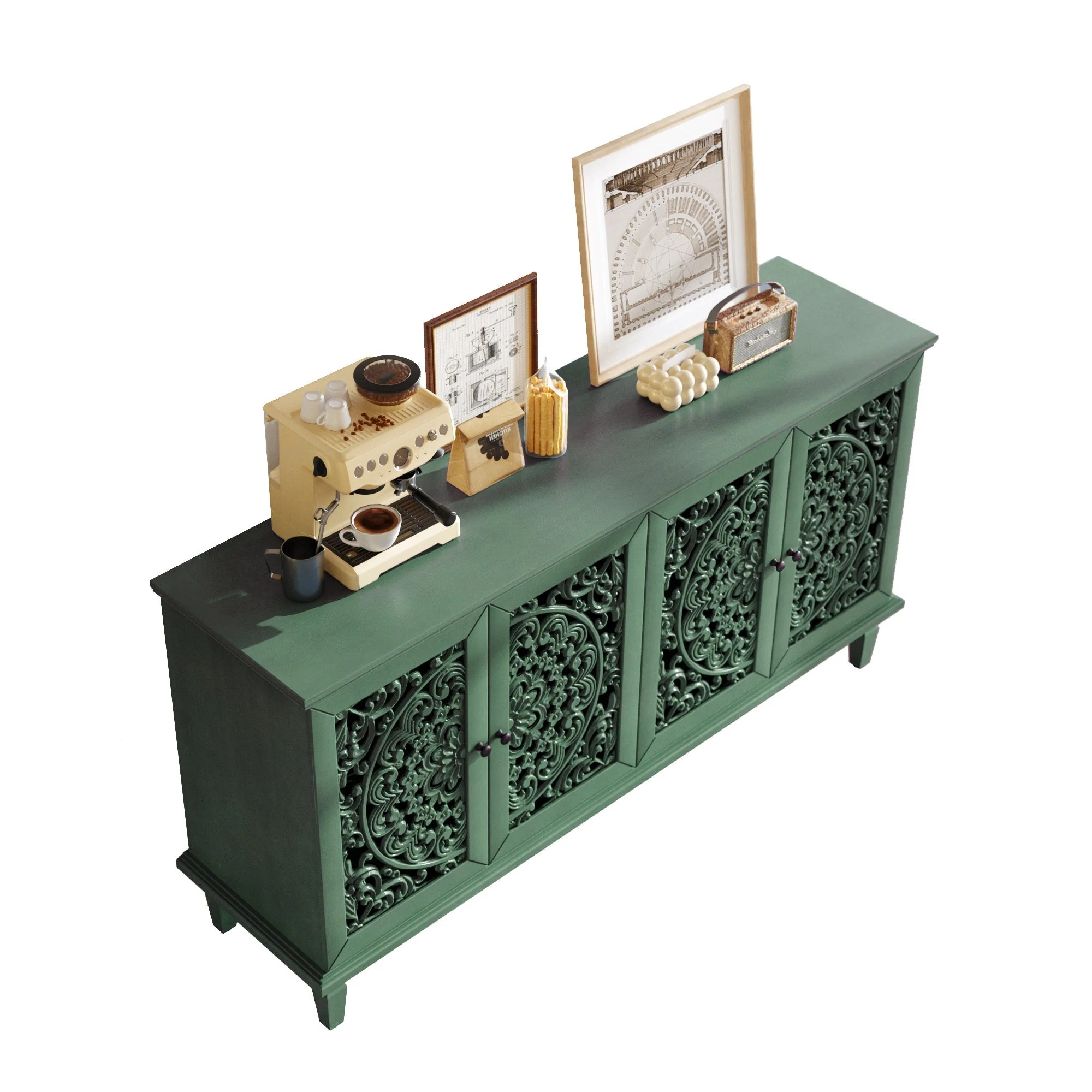 60' Antique Buffet Cabinet with Floral Carvings - Image 11