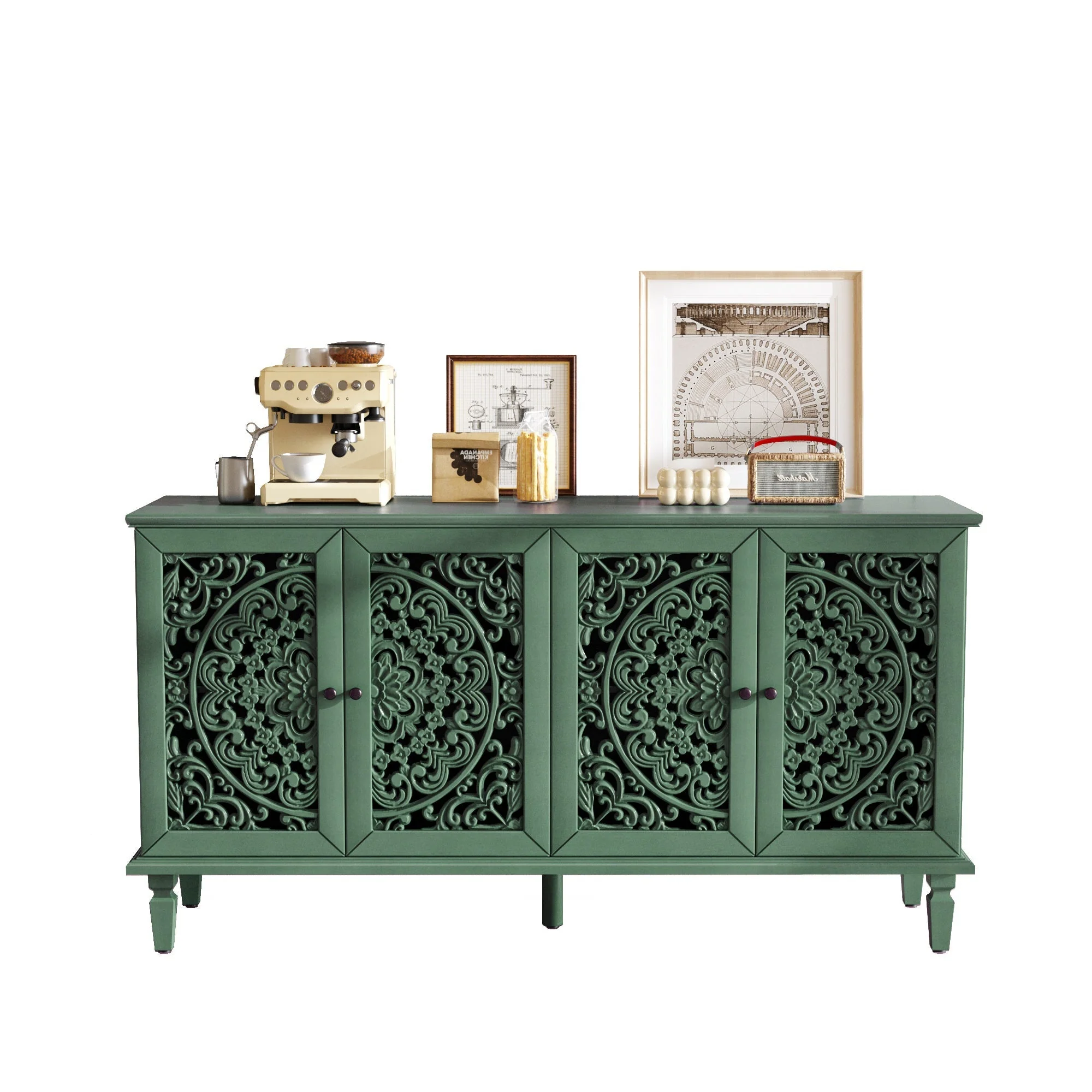 60' Antique Buffet Cabinet with Floral Carvings - Image 13