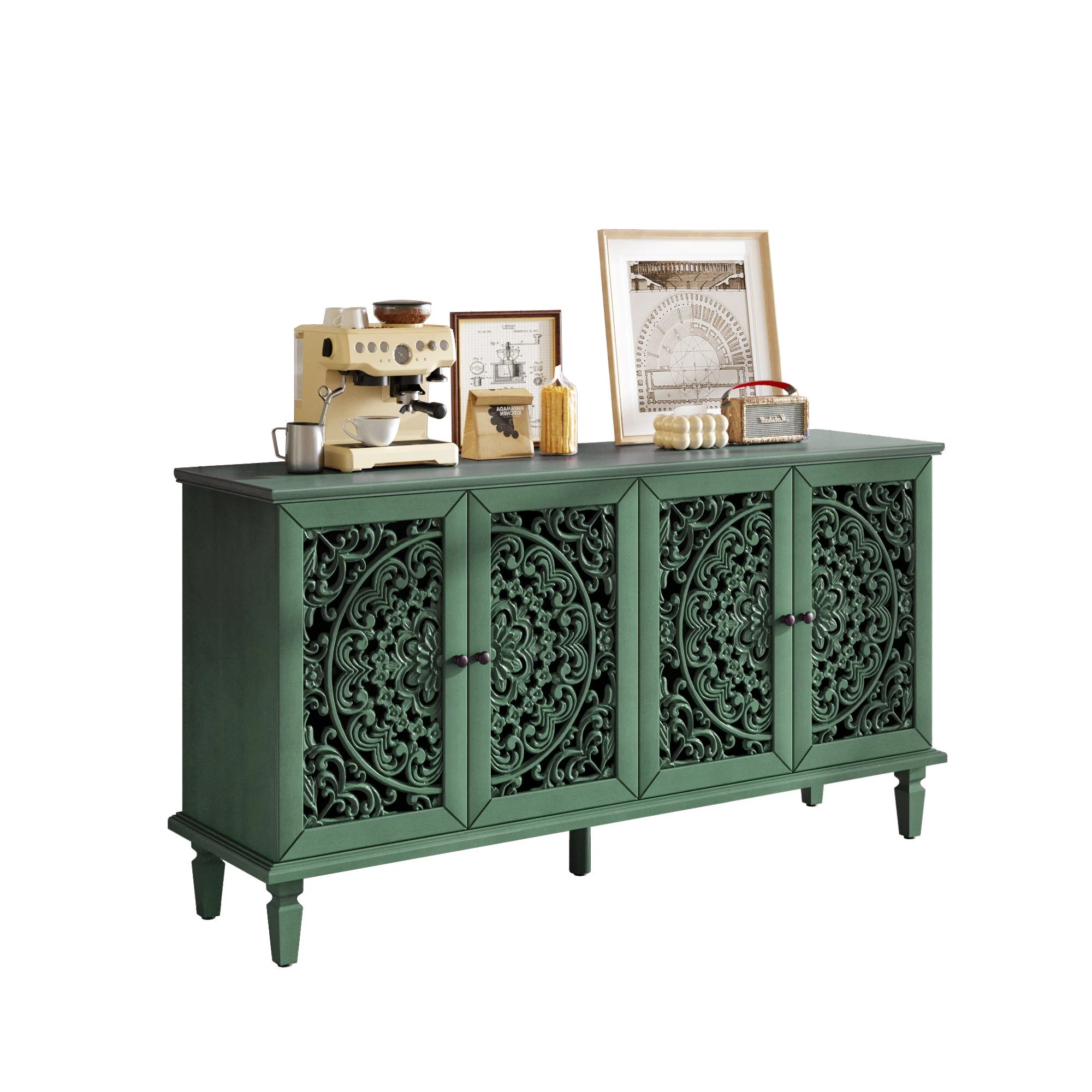 60' Antique Buffet Cabinet with Floral Carvings - Image 14