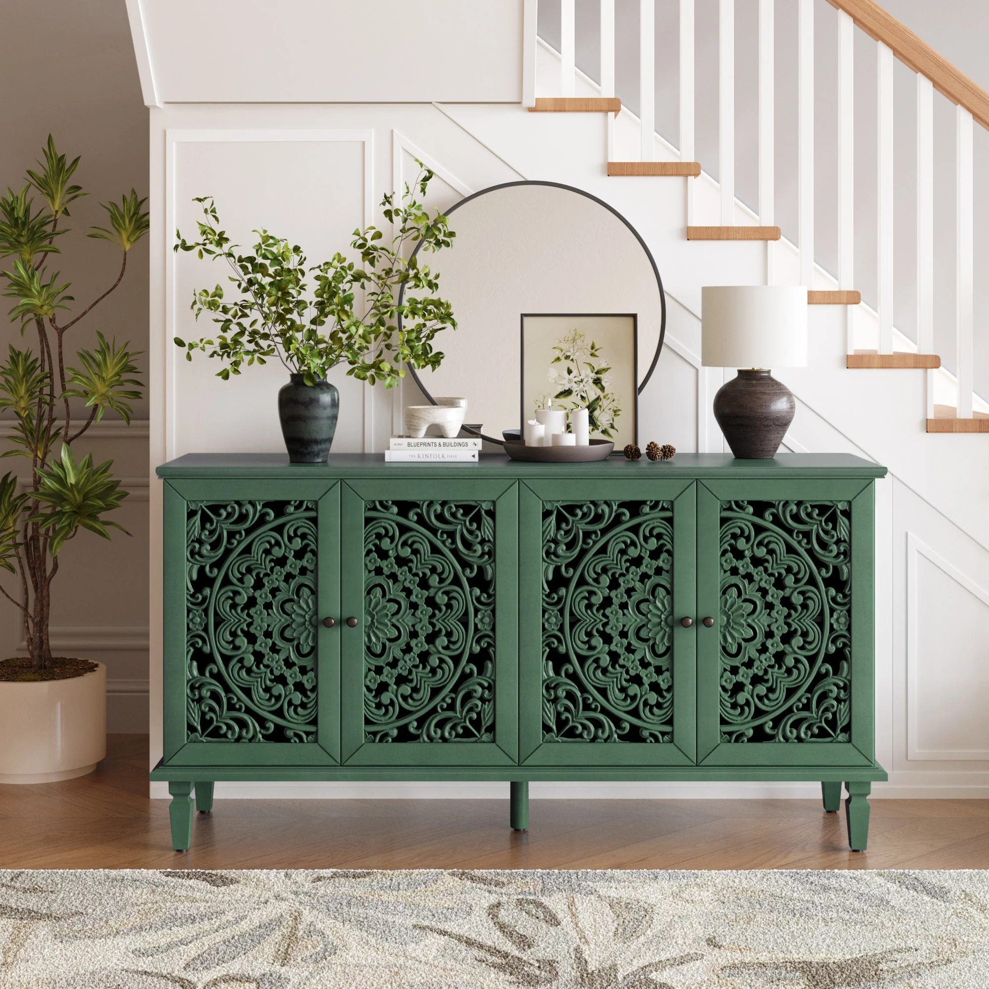 60' Antique Buffet Cabinet with Floral Carvings - Image 3