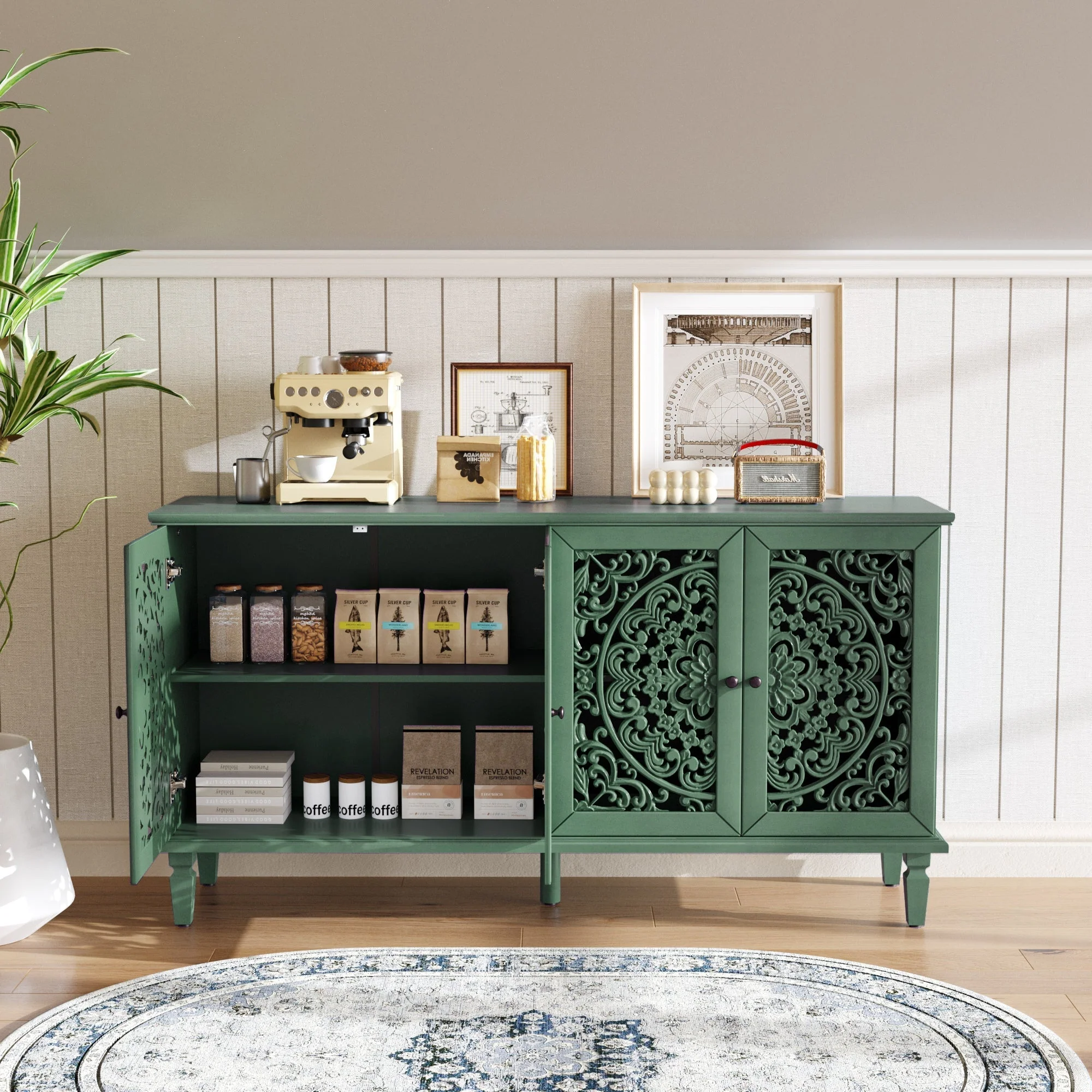 60' Antique Buffet Cabinet with Floral Carvings - Image 4