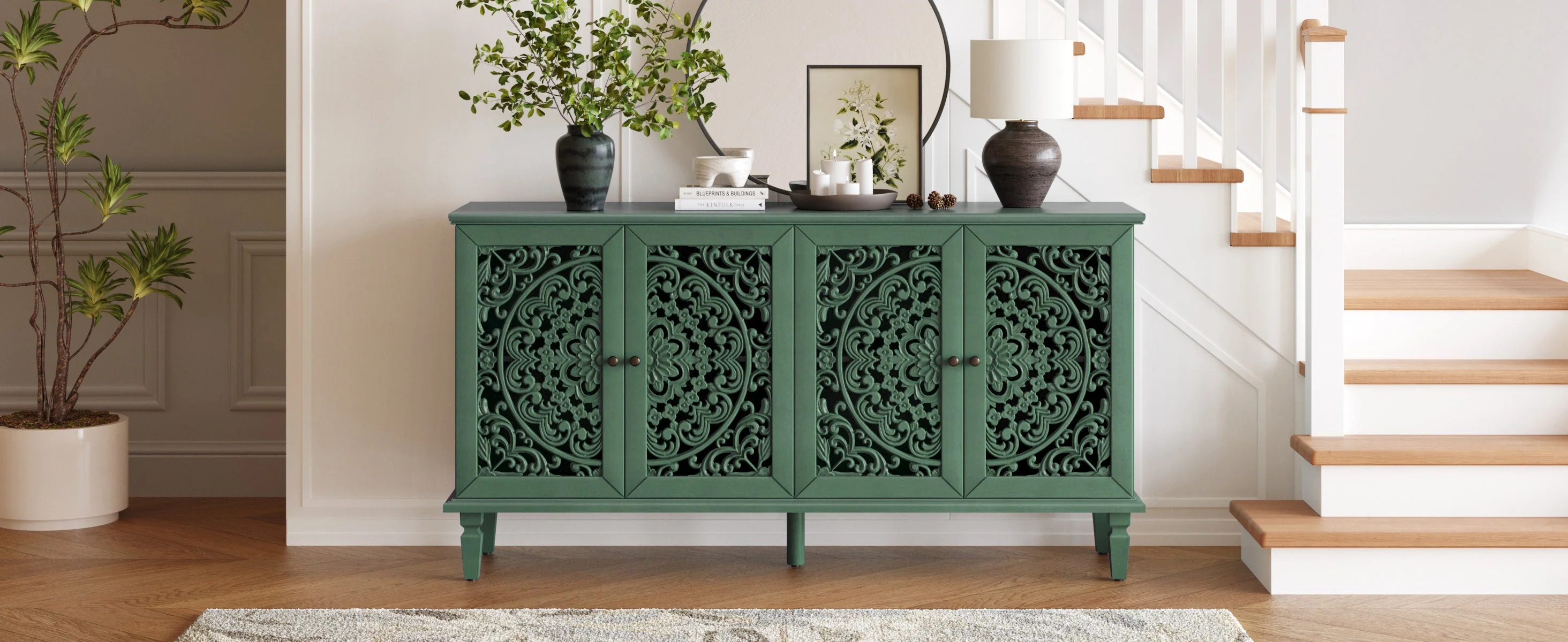 60' Antique Buffet Cabinet with Floral Carvings - Image 5