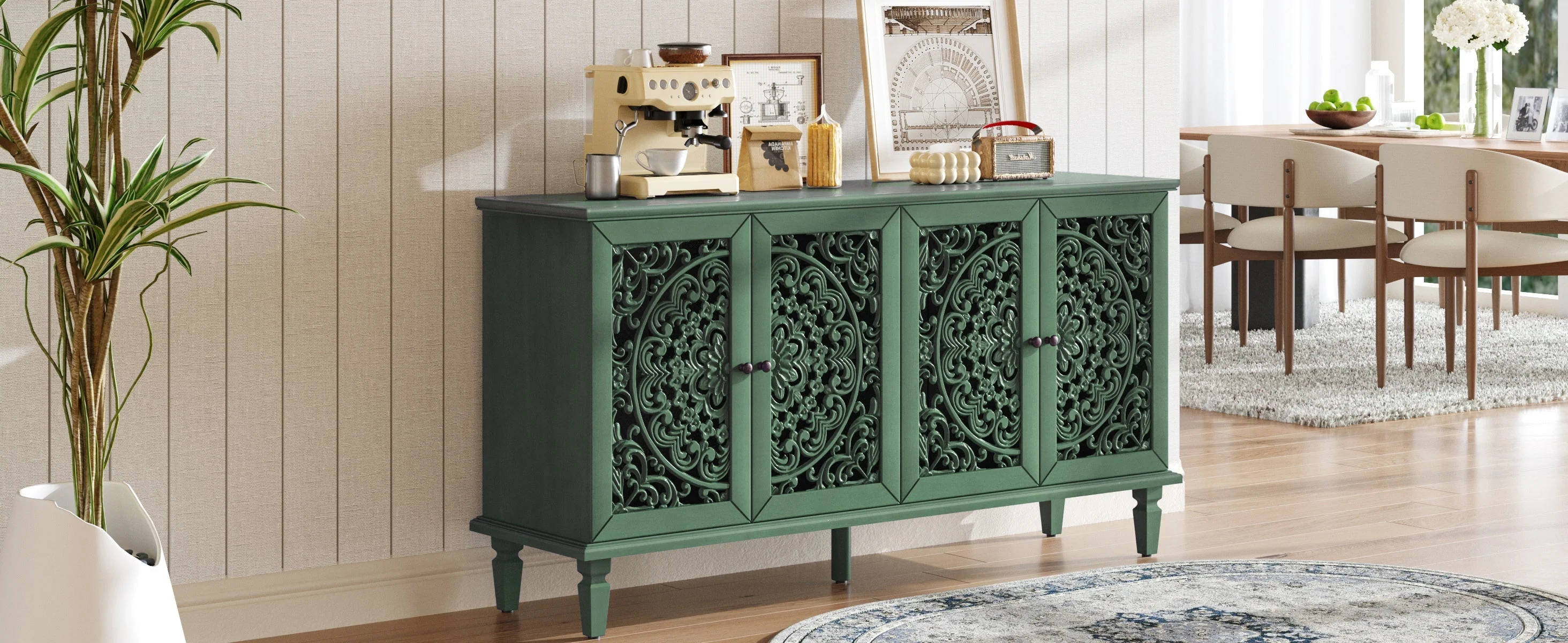 60' Antique Buffet Cabinet with Floral Carvings - Image 6