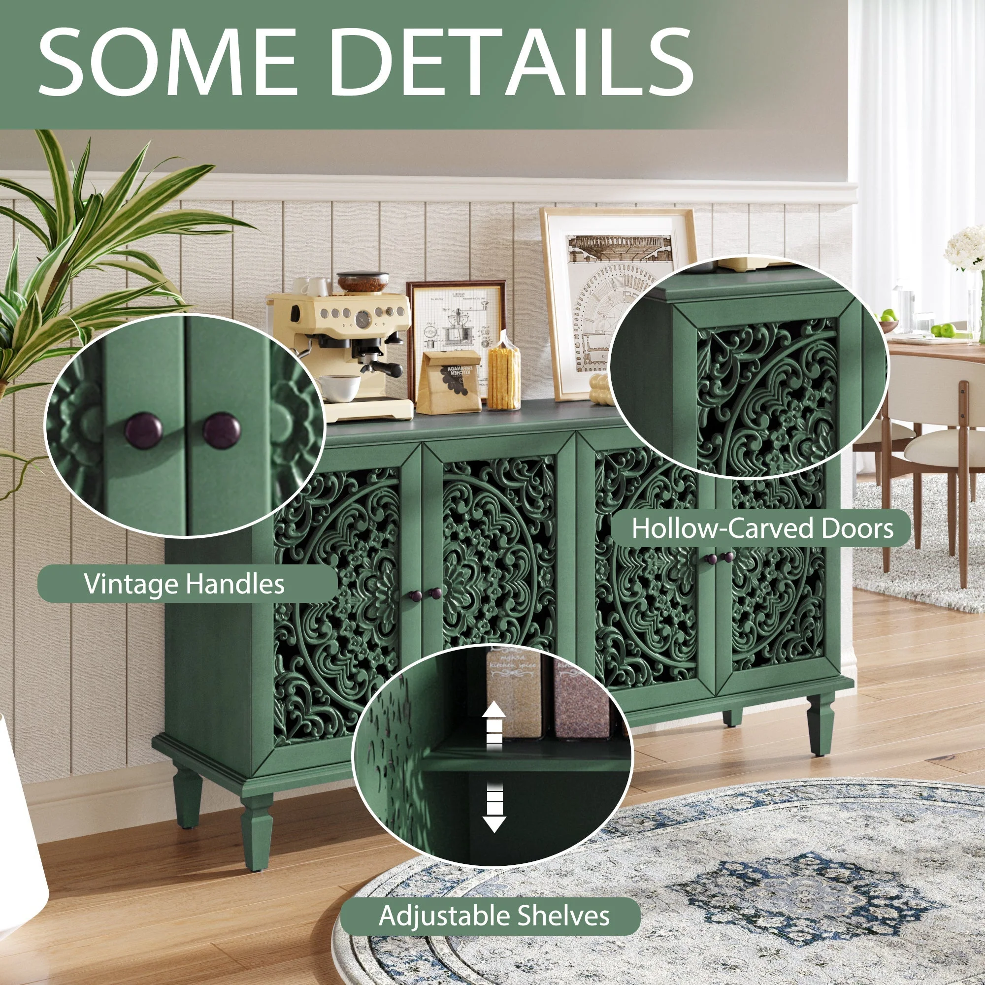 60' Antique Buffet Cabinet with Floral Carvings - Image 7