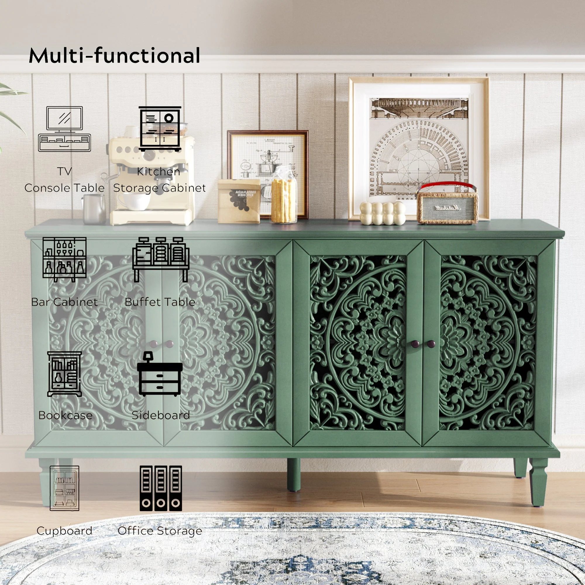 60' Antique Buffet Cabinet with Floral Carvings - Image 8