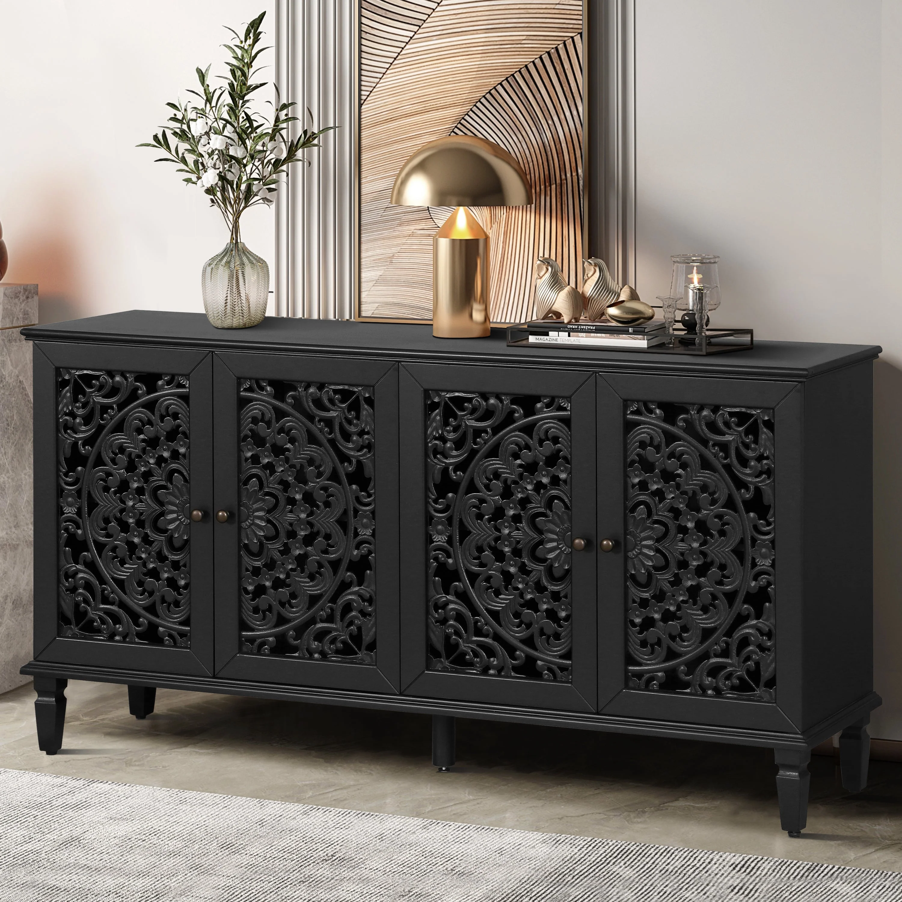 60" Antique Buffet Cabinet with Floral Carvings - Image 3